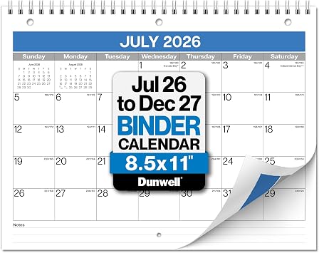 Dunwell 2026-2027 Calendar for 3 Ring Binder - 8.5x11, Jul. 2026 to Dec. 2027, 18 Months Desk Calendar with Premium Paper, 3-Hole Calendar for Office, School, 8.5" x 11" Planner Hanging on Wall