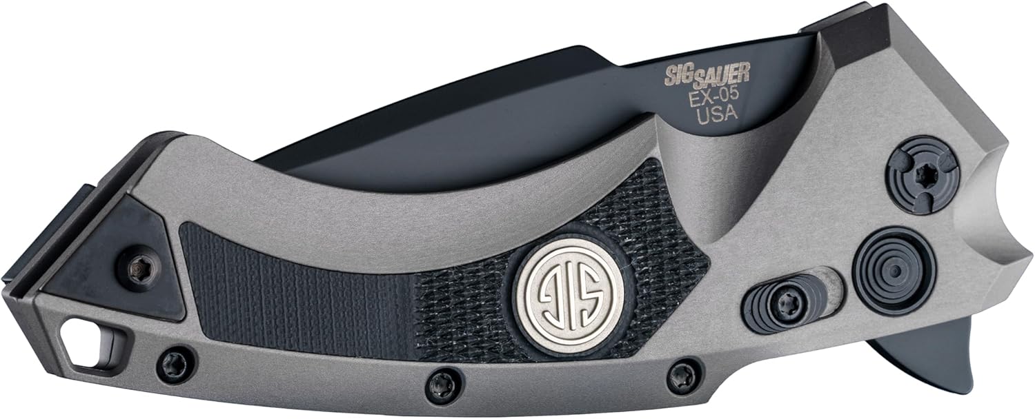 Hogue SIG X5 Tactical 3.5” Flipper CPM 154 Spear Point Blade Black Cerakote Finish, Aluminum Frame w/Checkered Black G10 Inserts Manual Knife, Matte Grey - 36572