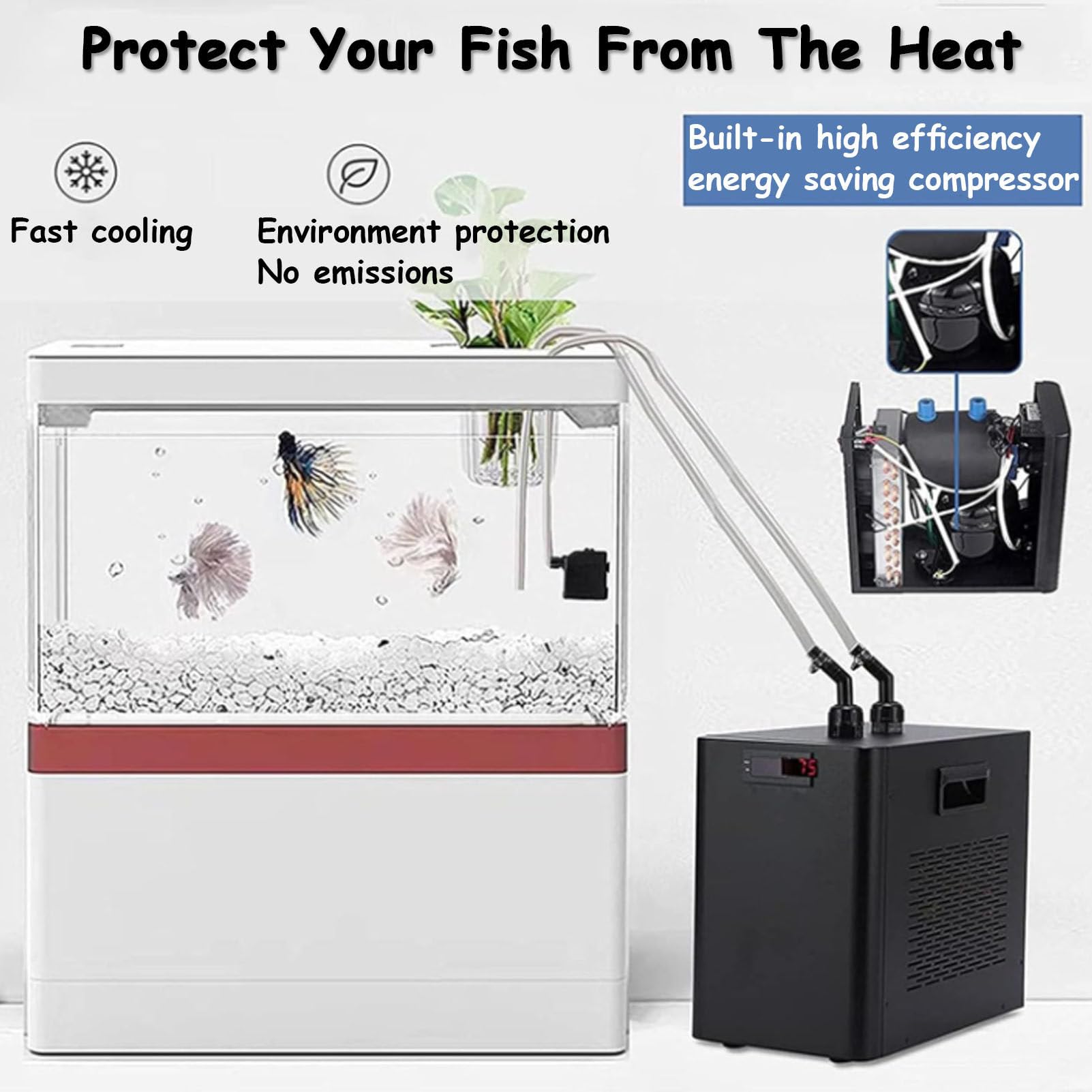 Enfriador de Acuario silencioso para Tanques de 42 galones, Enfriador de Agua Ajustable con evaporador de Titanio, Sistema de enfriamiento de Tanques de Peces de bajo Ruido para Plantas de camarón de