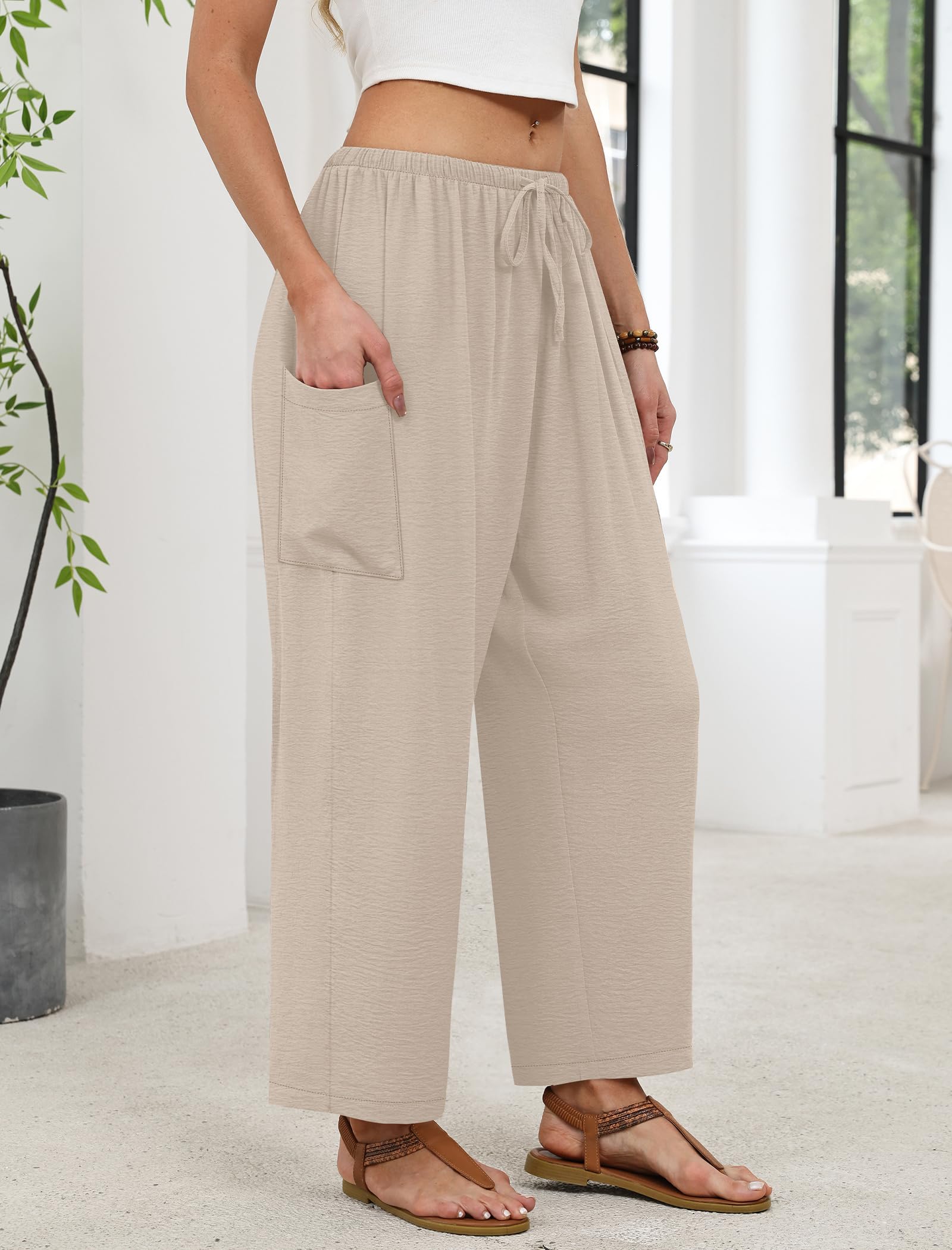 Sampeel Wide Leg Pants for Women Barrel Flowy Palazzo Elastic Waist Trousers with Pockets Summer Beach Vacation Outfits — view 3