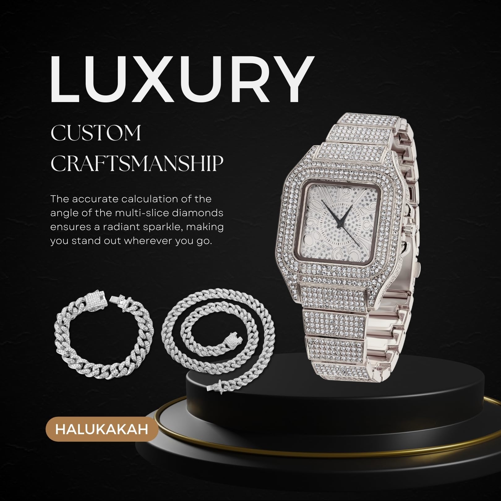 HALUKAKAH Reloj con Diamantes Iced out,Hombre Chapado en Oro 18K/Platino Oro Blanco Esfera con Números Árabes Cuarzo 22cm,Opcional con Cadena Cubana 20cm/45cm,Viene con Caja de Regalo