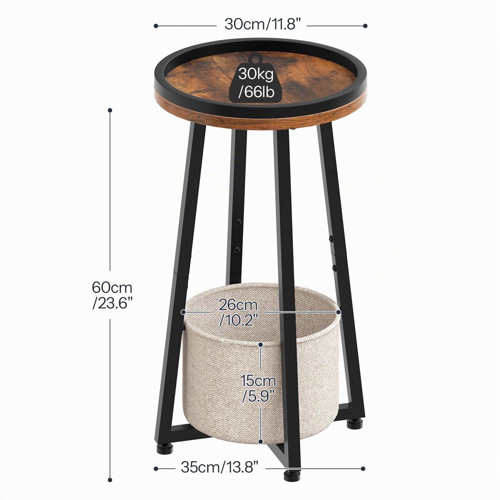 HOOBRO Mesa Auxiliar Redonda de 2 Niveles, Mesita de Noche Pequeña con Borde Elevado, con Cesta de Tela Beige para Espacios Pequeños, Sala de Estar, Dormitorio, Piso, Marrón Rústico EBF183BZ01
