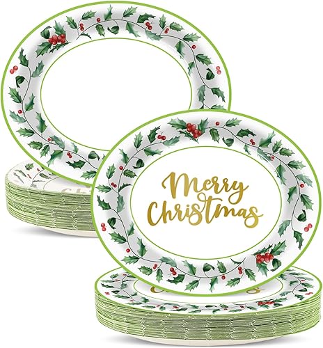 50 platos de papel ovalados desechables de Navidad grandes de 11 pulgadas, suministros de decoración de fiestas temáticas de Navidad, bandeja de