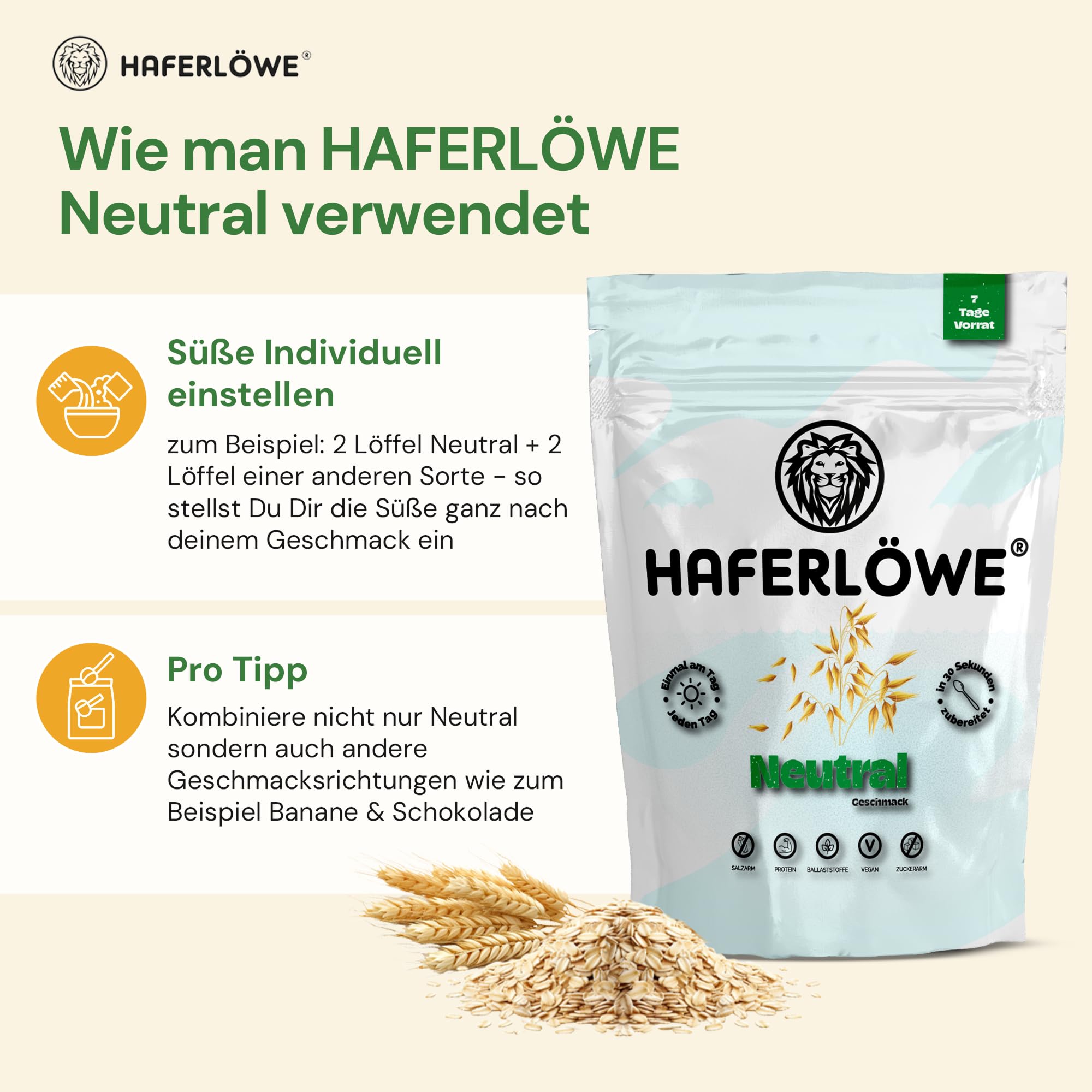 Haferlöwe Haferkur 28 Tage Starter Set, Hafertage in 4 Geschmacksrichtungen | Inkl. Gratis Shaker und Leitfaden | Protein Shake | Leckerer Diät Hafershake | DIA2® Ernährung