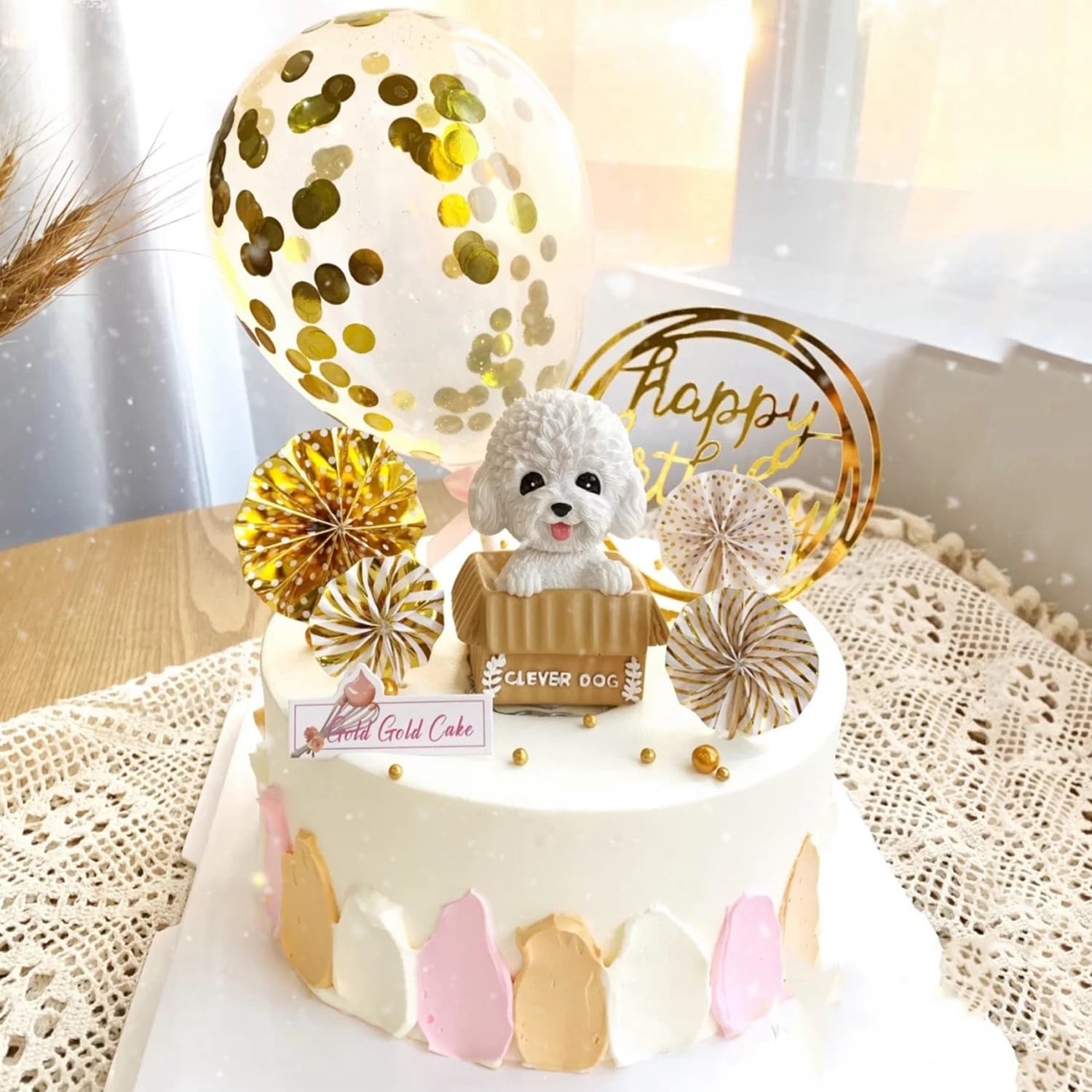 Anlgdi Torten-Deko „Happy 10th Birthday“ – Schwarz-gold, Mit Konfetti & Fächern, Für Kindergeburtstage