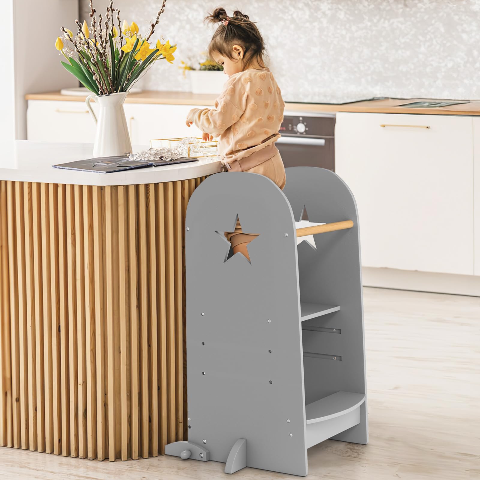 COSTWAY 3 in 1 Lernturm Kinder, Tritthocker mit 3 verstellbaren Höhen & doppelseitiger Tafel, Trittschemel Montessori, Küchenhelfer Lernstuhl für Kinder, 90 kg Belastbar, Grau