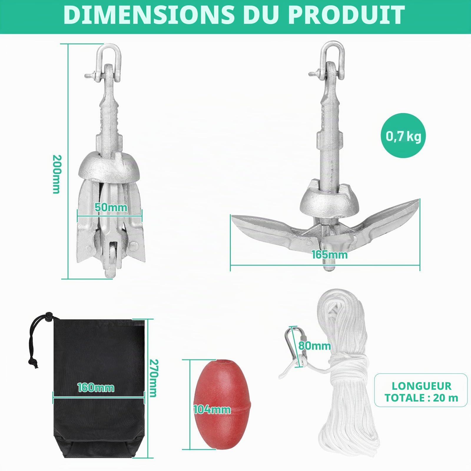 SWAWIS Ancre Bateau Kit 0,7 Kg Accessoire Bateau Ancre Pliante avec 20m de Ligne d'Ancre Bouée de Marquage et Sac de Rangement pour Kayak Gonflable Bateau Gonflable Canoe Jet Ski Gonflable