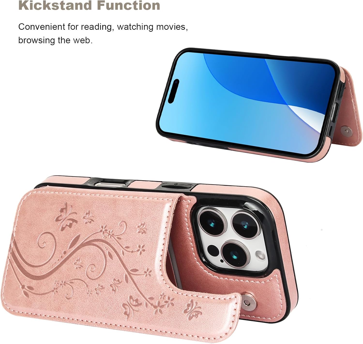 Vaburs Compatible with iPhone 16 Pro Case Wallet with Card Holder,Embossed Butterfly Pattern PU Leather Double Buttons Flip Protective Shockproof Cover for Magnetic Car Mount 6.3 Inch (Rose Gold) - Image 5
