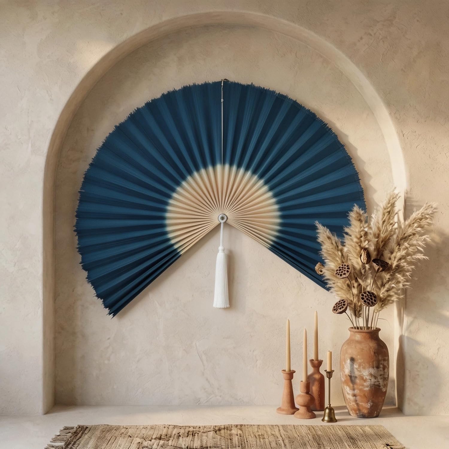 Abanico de Pared de bambú Tejido a Mano, Estilo Bohemio, con Borla. (19Inchx39Inch)