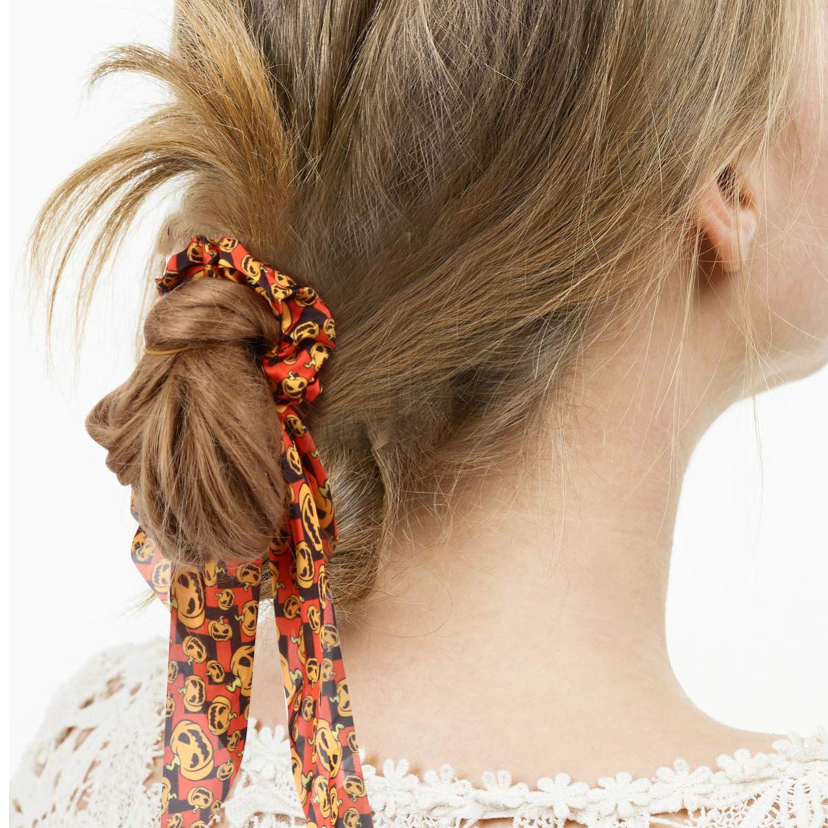 2PCS Hair Ribbon Scrunchies, Halloween Pumpkin Hair for Women Girls Elastic Satin Ties with Pumpkin Pattern for Festive Hairstyles - Image 4