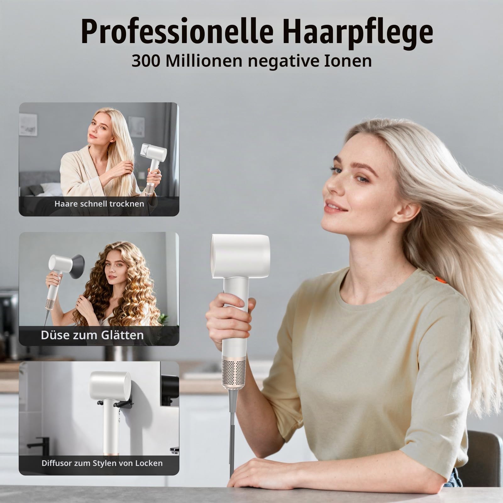 Föhn mit Diffusor, 160.000 U/min Ionen Haartrockner, 59 dB leiser Haarföhn, 4 Temperaturen & 2 Geschwindigkeiten, schnelltrocknend für Locken & Alltag, Weiß