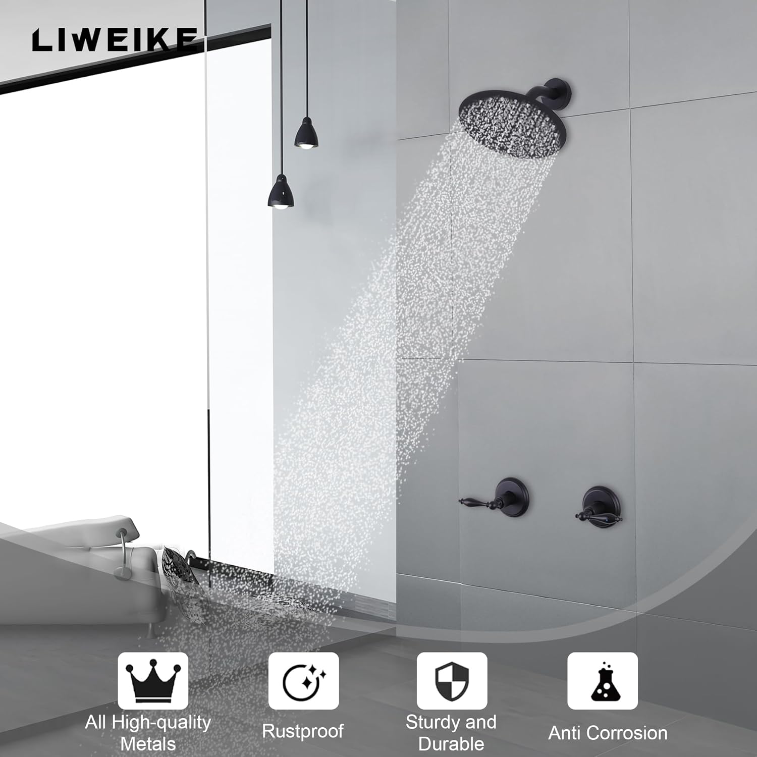 LIWEIKE 2 Handle Shower Faucet Set, Matte Black Two Handles Shower Faucet with 8 Inch Rain Shower Head Shower Faucet Set 2 Knobs, Wall Mounted - Image 2