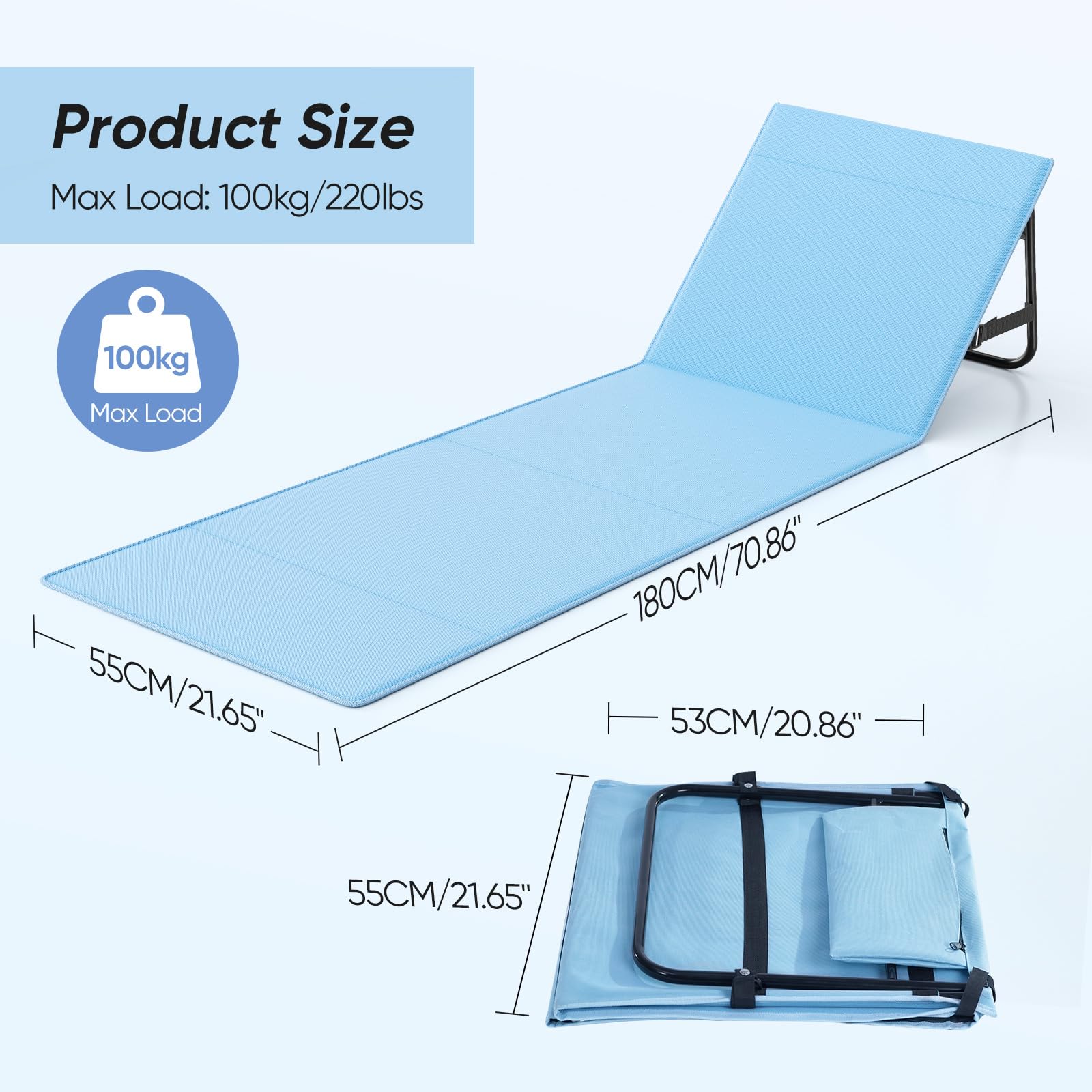 WildFun Chaise de Plage Portable, Chaise de Plage Pliante，Adjustable Lightweight Tanning Chair for Outdoor Sand Camping Sunbathing (1pcs, Bleu et Blanc)