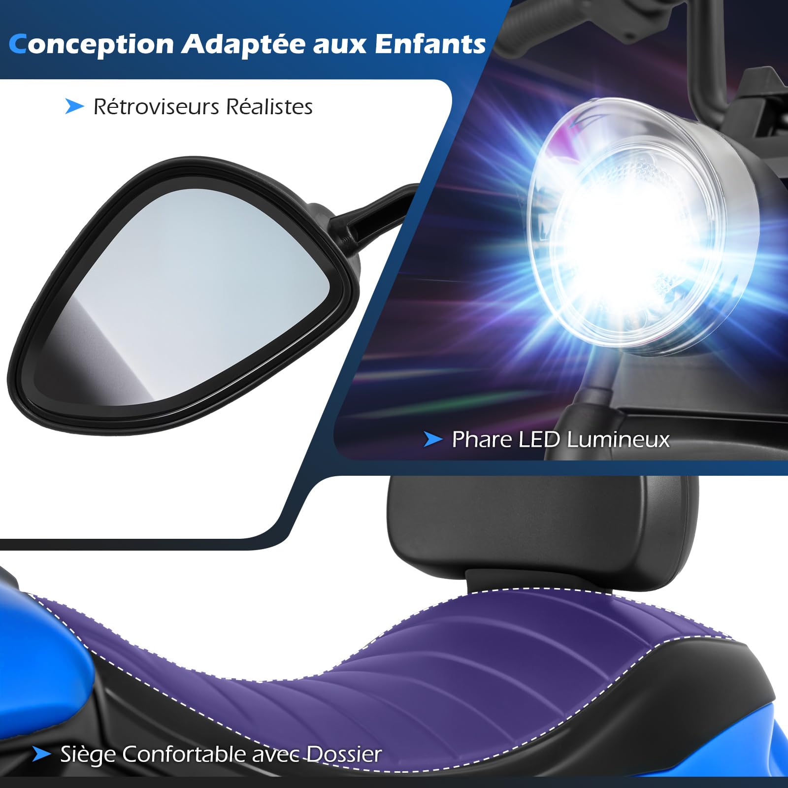 COSTWAY 6V Moto Électrique Enfant avec Musique et Phares LED, Voiture Électrique Enfant avec 2 Roues d'Entraînement Amovibles et Pédale, 2,4 km/h, Charge 30 kg pour 3 Ans+ (Bleu Marine)