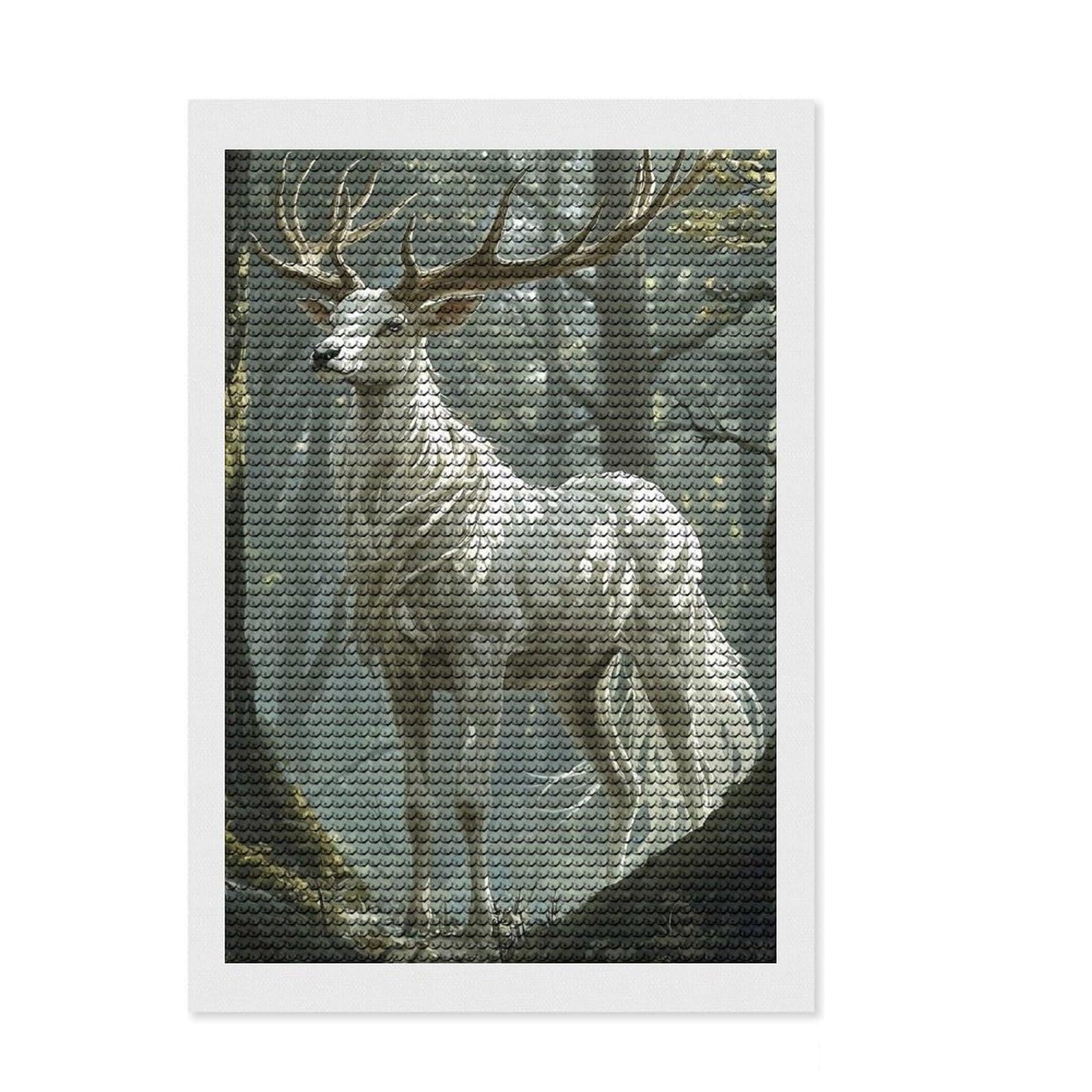 Junmoney White Stag in Forest Diamond Painting Set 8"x12", Mindful Craft Activity, Sparkling Round Gems, Living Room Decor, Birthday Gift