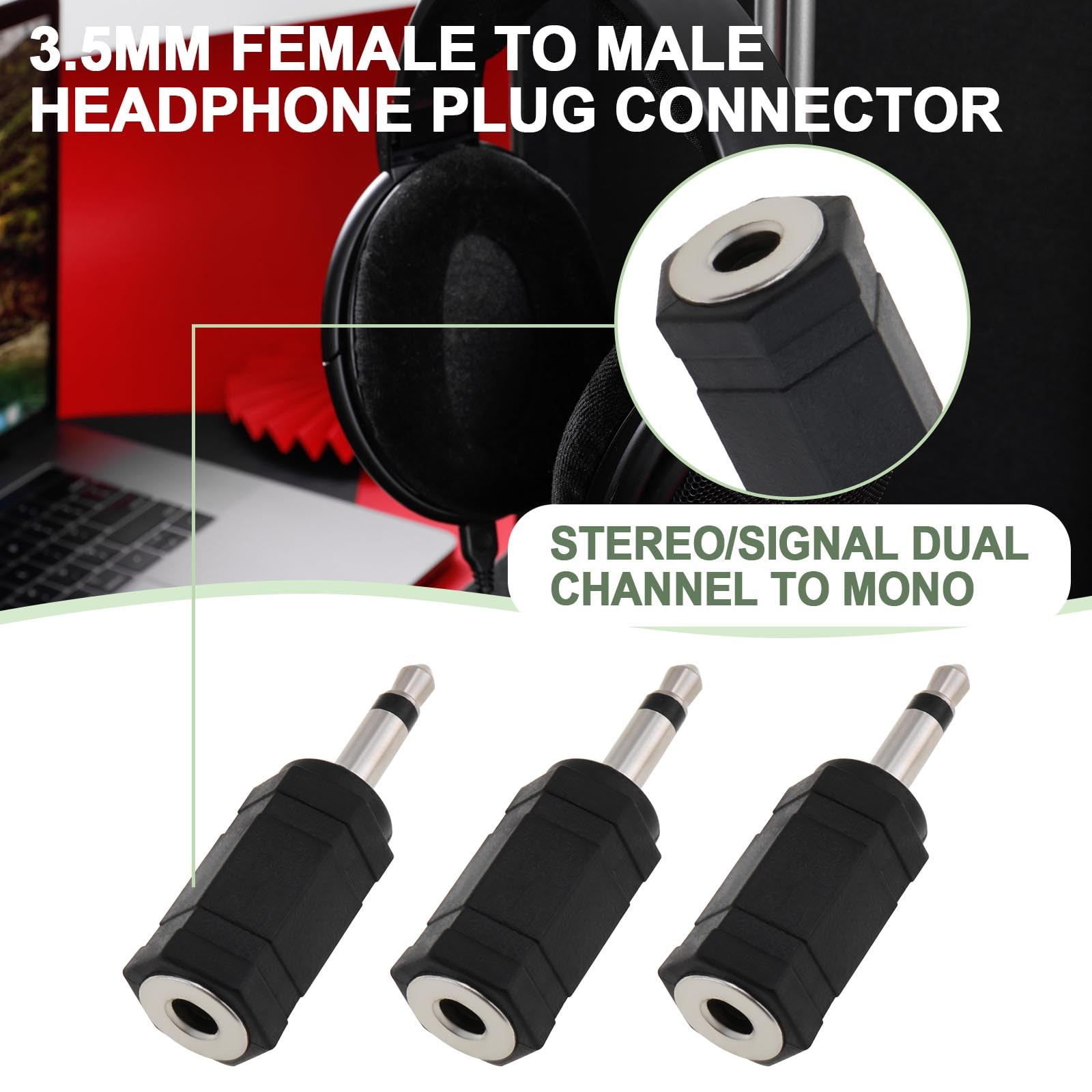 ECSiNG 10Pcs 3.5mm Mono to Stereo Adapter Female to Male Headphone Plug 2in1 for Mobile Phone Headsets Computer Headsets(Black) - Image 2