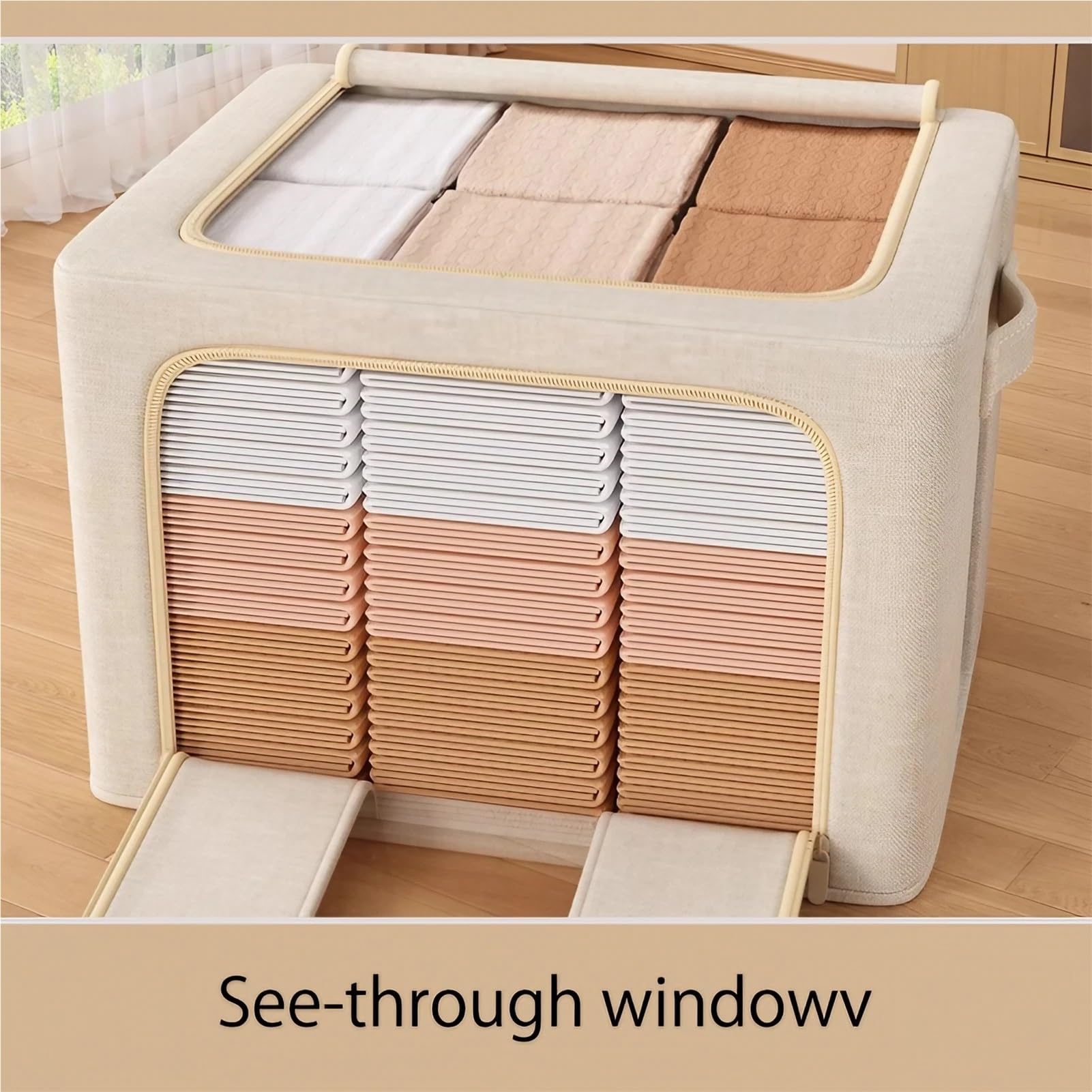 Aufbewahrungsbox mit Deckel Faltbar, Bettwäsche Organizer für Kleidung/stabil, Storage Box mit Reißverschluss Metallrahmen Feuchtigkeitsresistent(60 x 42 x 40 cm)