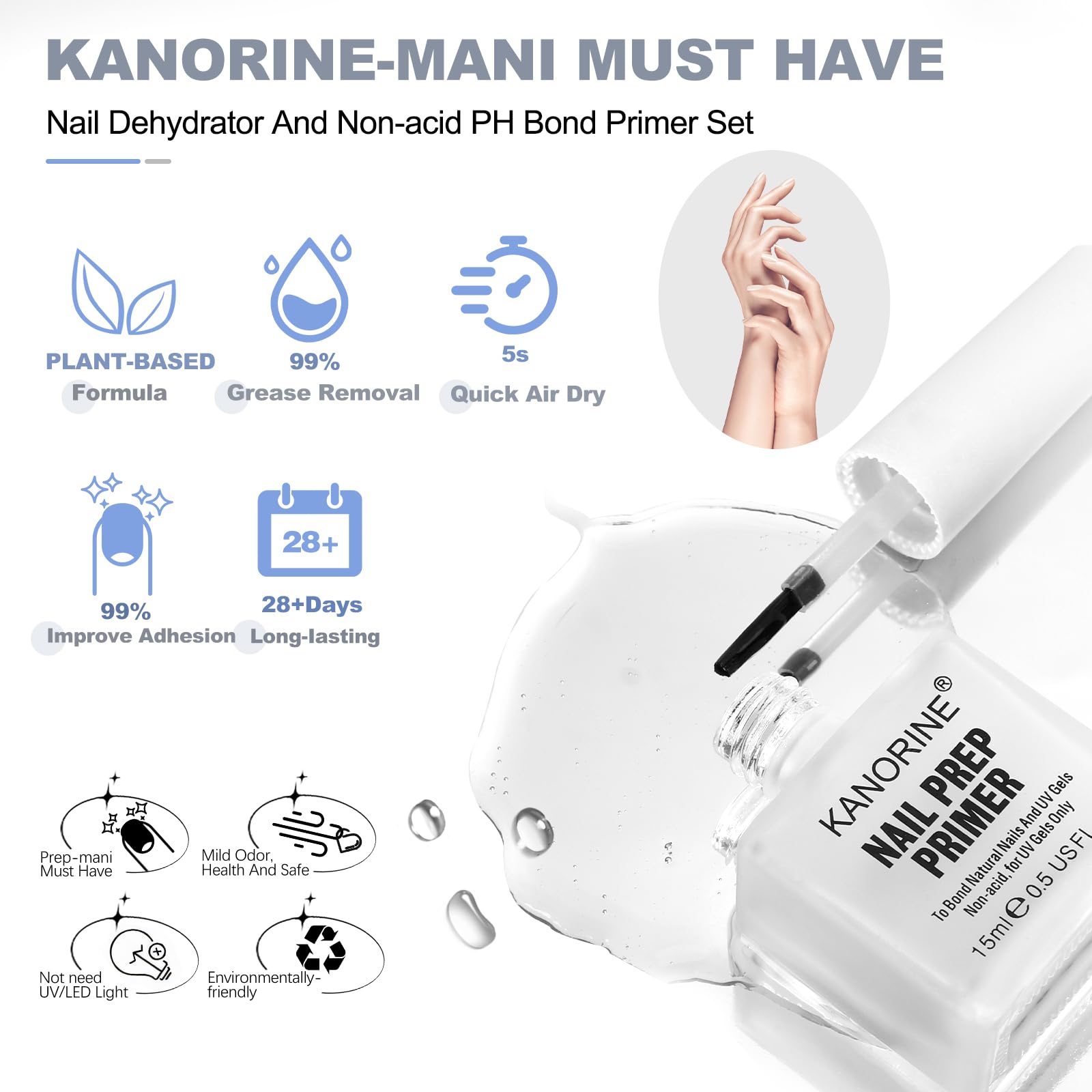 Kanorine Nail Primer & Nail Prep Dehydrate Set 15ml x2 Gel Nail Polish Bonding Helper Dehydrator & Bond Primer - Image 3