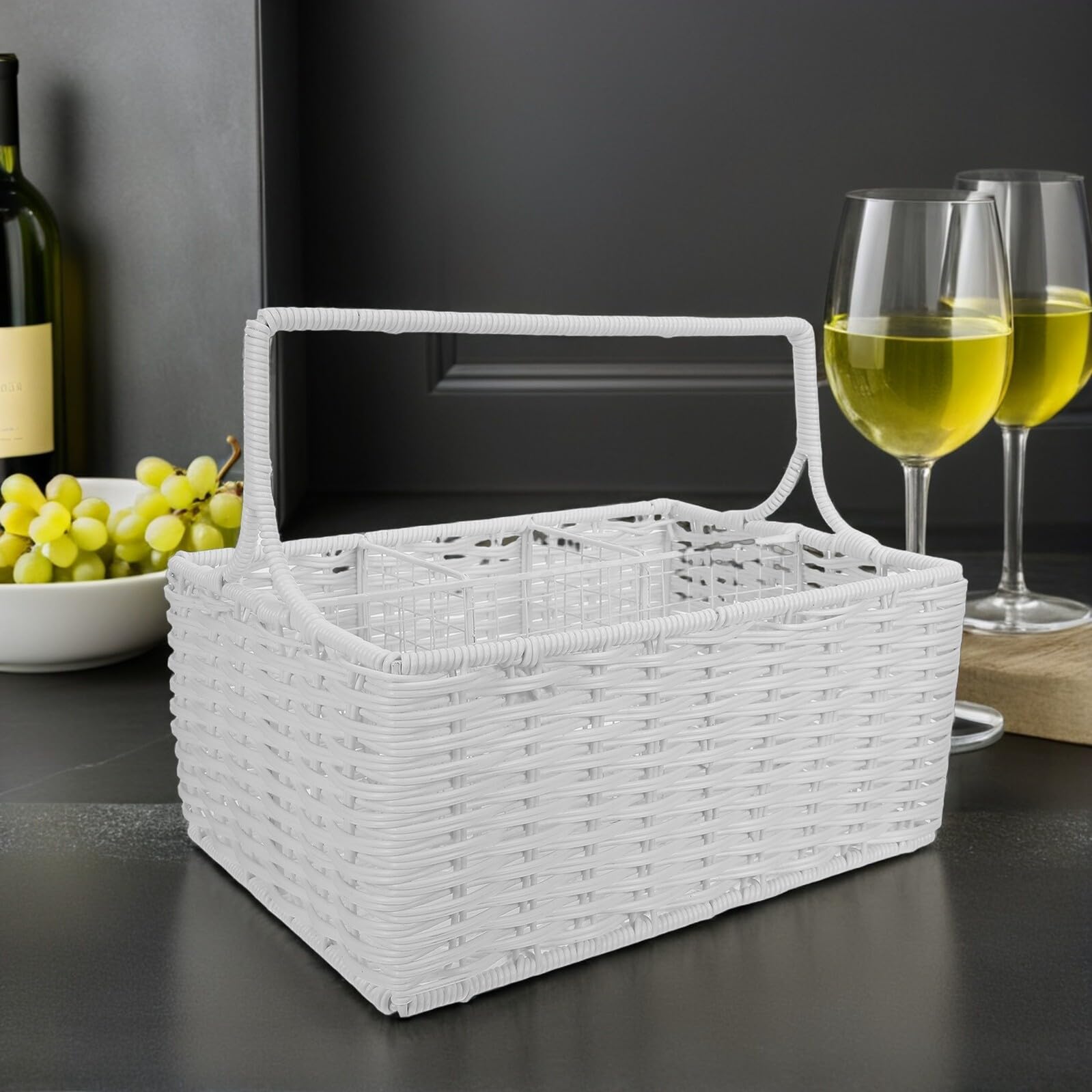 ULTECHNOVO Panier à Ustensiles Cuisine Tressé à la Main en Rotin Synthétique Blanc Petit Panier Compartimenté avec Poignée Organiseur Multi-Compartiments pour Fourchettes Cuillères et