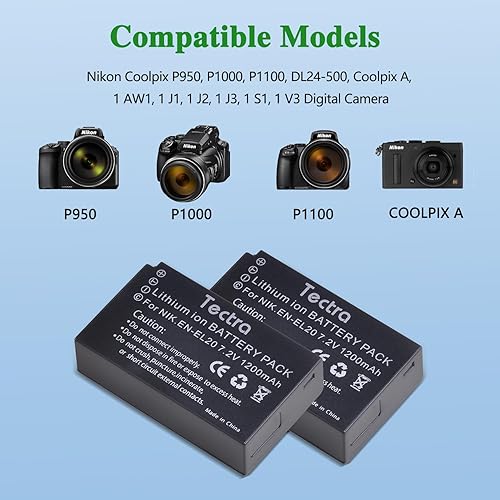 Miniatura 2 de Tectra Paquete de 2 baterías EN-EL20 EN-EL20A y cargador dual LED para Nikon Coolpix P950, P1000, P1100, DL24-500, Coolpix A, 1 AW1, 1 J1, 1 J2, 1