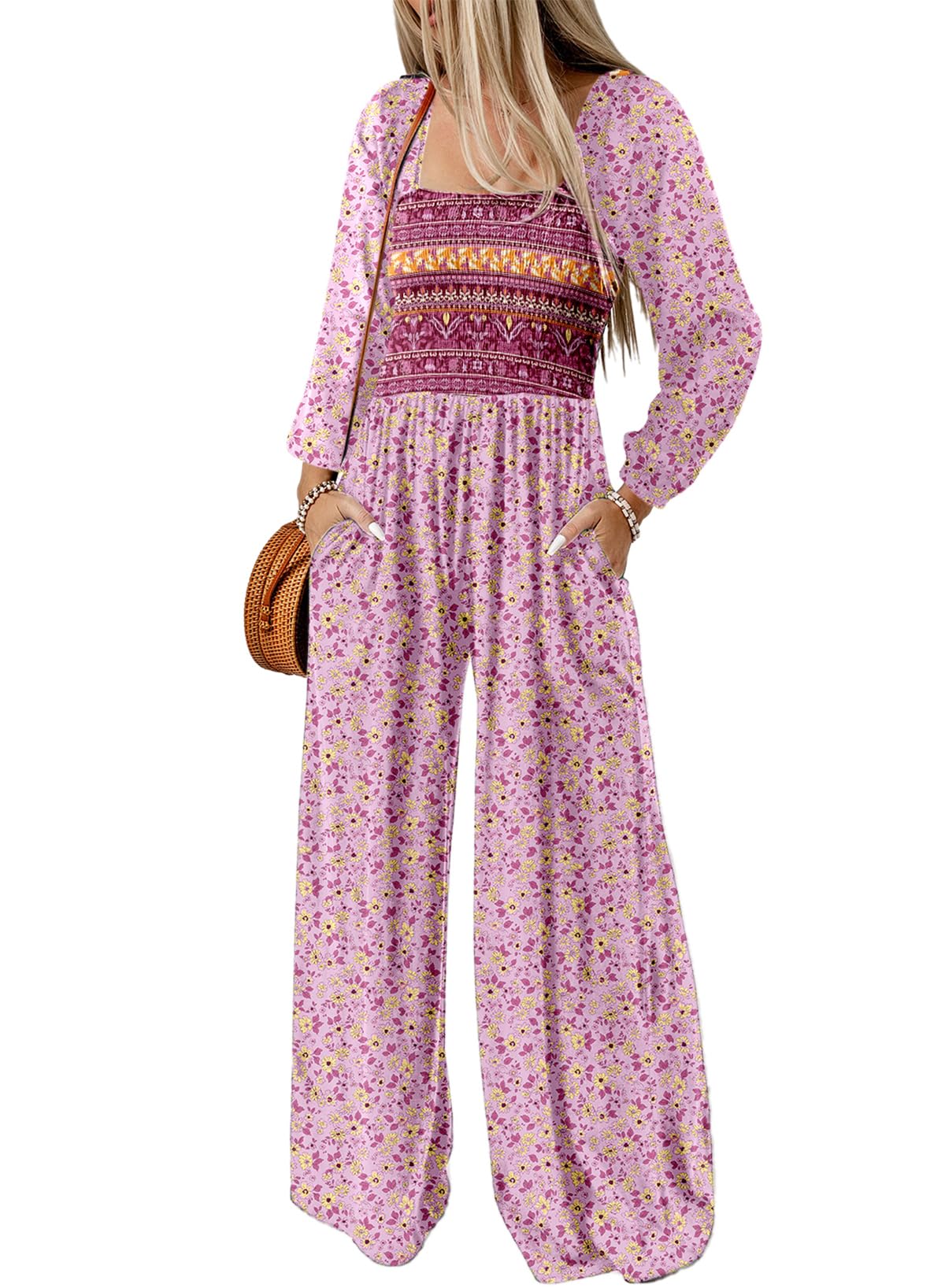 Dokotoo Women's Casual Loose Overalls Jumpsuits One Piece Long Sleeve Printed Wide Leg Long Pant Rompers With Pockets