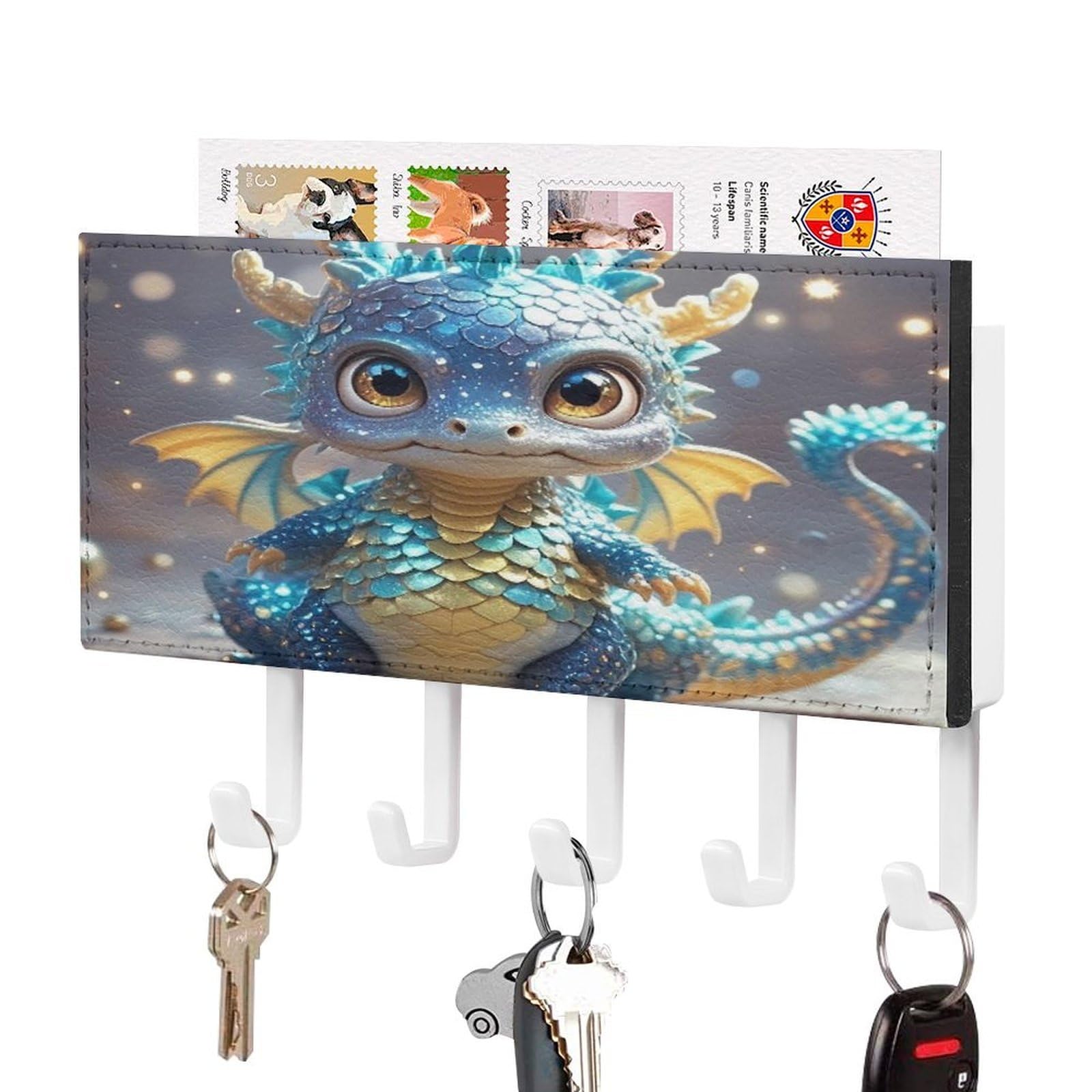 Fekiloot White-Style Cute Dragon Key Holder Wall Mount Key Hanger With 5 Hooks Decorative Key Rack Hanging Key Hooks With Mail Organizer Key Holder For Wall Living Room Kitchen Bathroom Hallway White