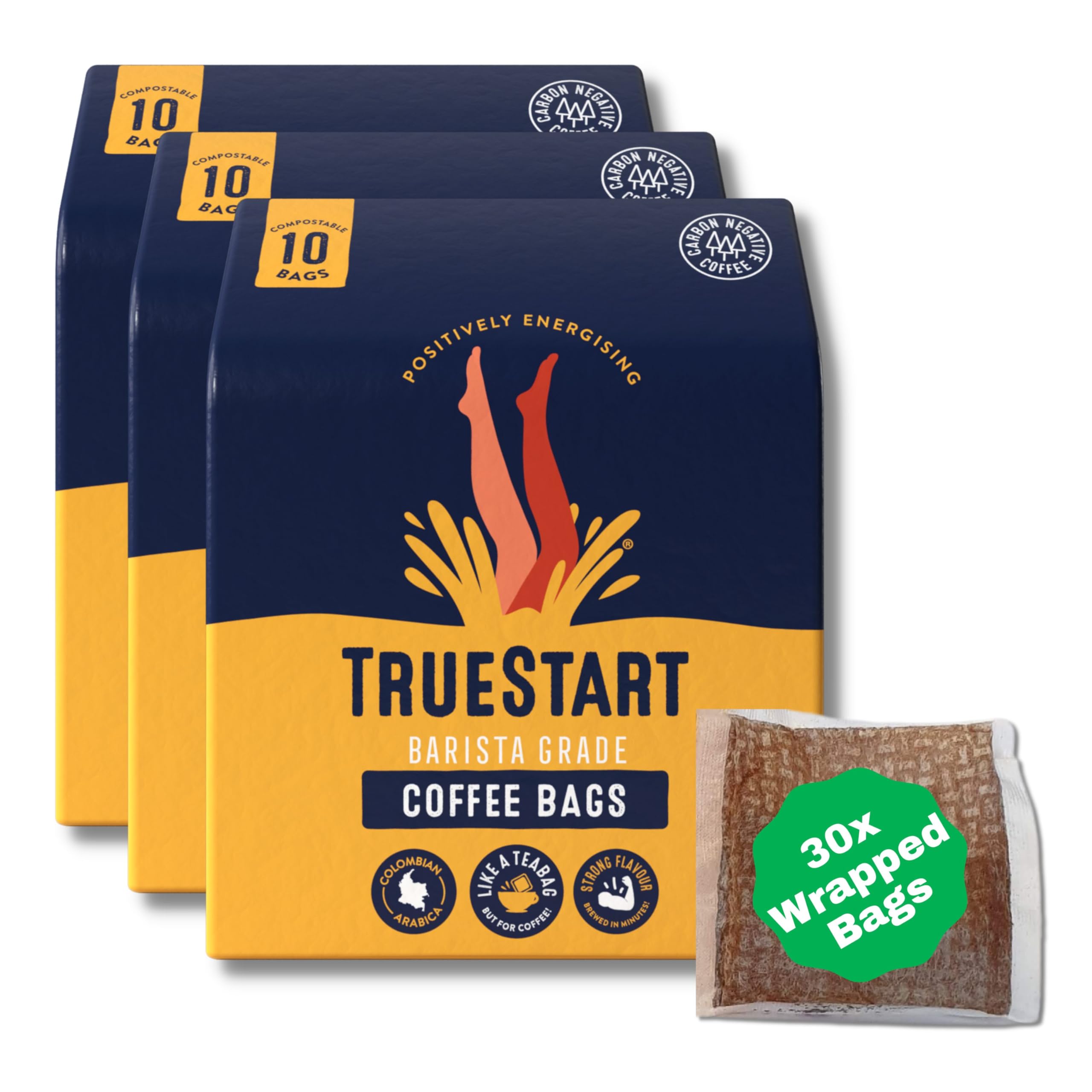 TrueStart Coffee Bags, Smooth Energising Colombian Arabica – 30 Wrapped Bags Mycotoxin-Free Coffee Rich in Antioxidants, Quick Brew, Individually Wrapped & Gluten Free