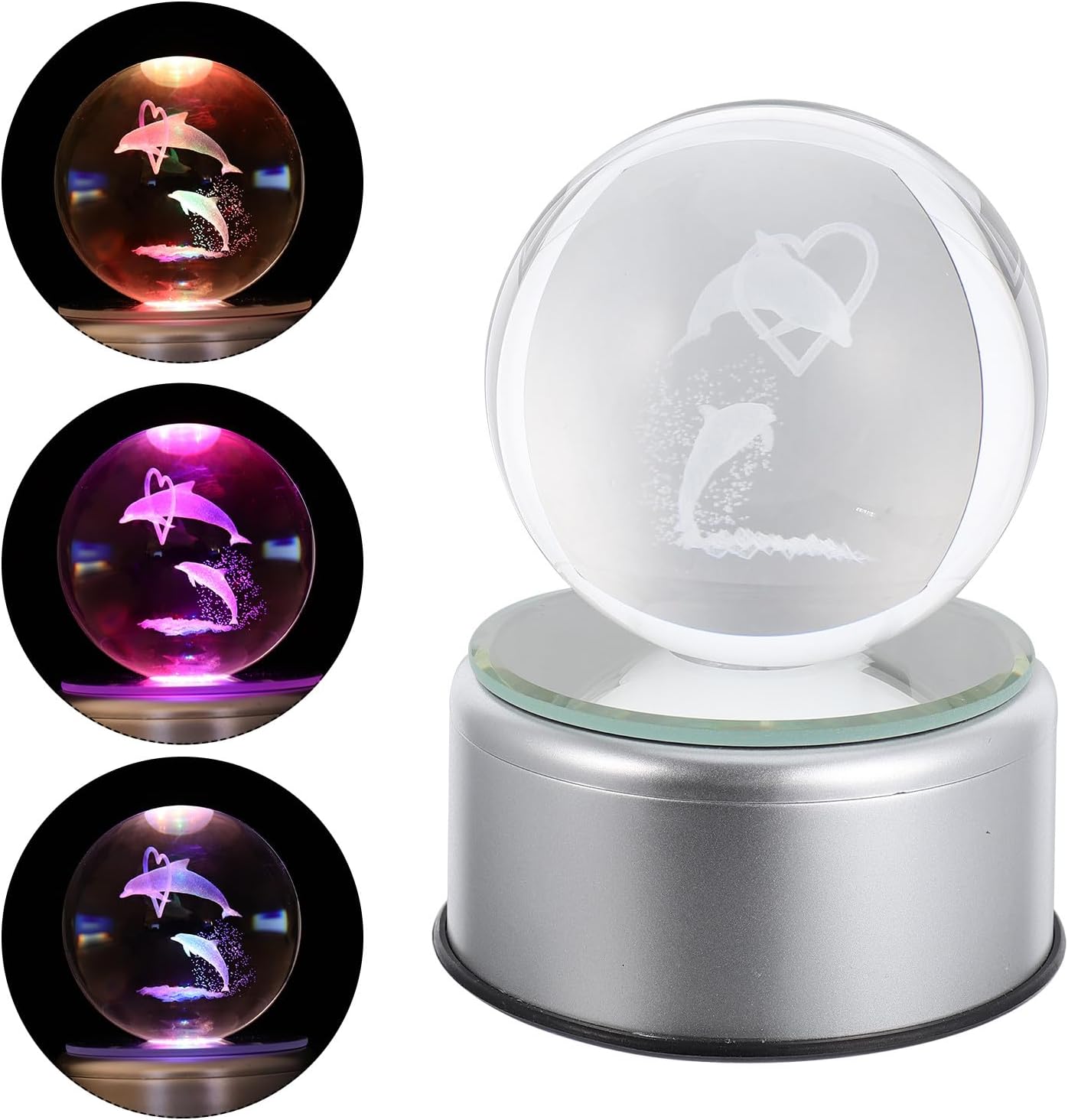 BESPORTBLE Dolphin Crystal Ball 80mm with 9cm USB Rotating LED Base, 3D Luminous Desktop Decoration, Color Changing Aquarium Ornament for Home Office Display
