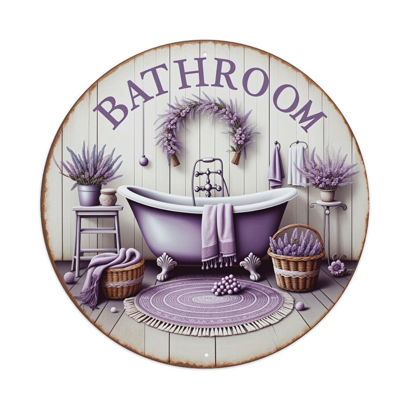 Bathroom Lavender Bathtub Wreath Basket Round Tin Sign Vintage Metal Poster, Home Bar Garage Man Cave Cafe Indoor & Outdoor Wall Decoration 8x8Inches
