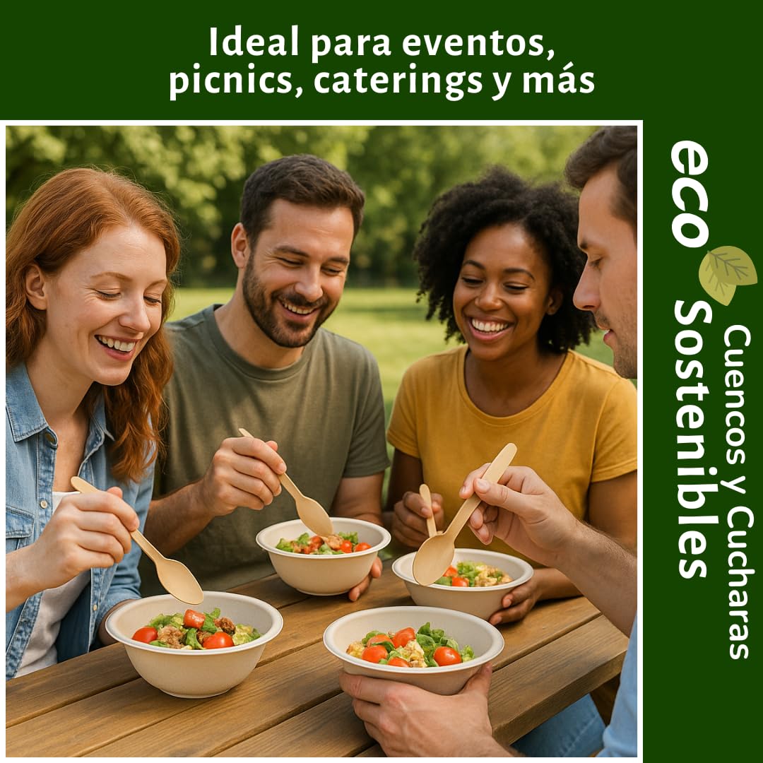 Pack 200 Cuencos Biodegradables Fibra de Caña 12oz + 200 Cucharas de Madera Encerada 16cm | Vajilla Desechable Ecológica Compostable | Alimentos Calientes y Frios (Cuencos y Cucharas)
