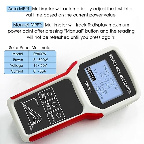 Miniatura 4 de Medidor de potencia de panel solar de 800 W, monitor multímetro de panel fotovoltaico de mano, amplificador de voltaje MPPT con pantalla LCD