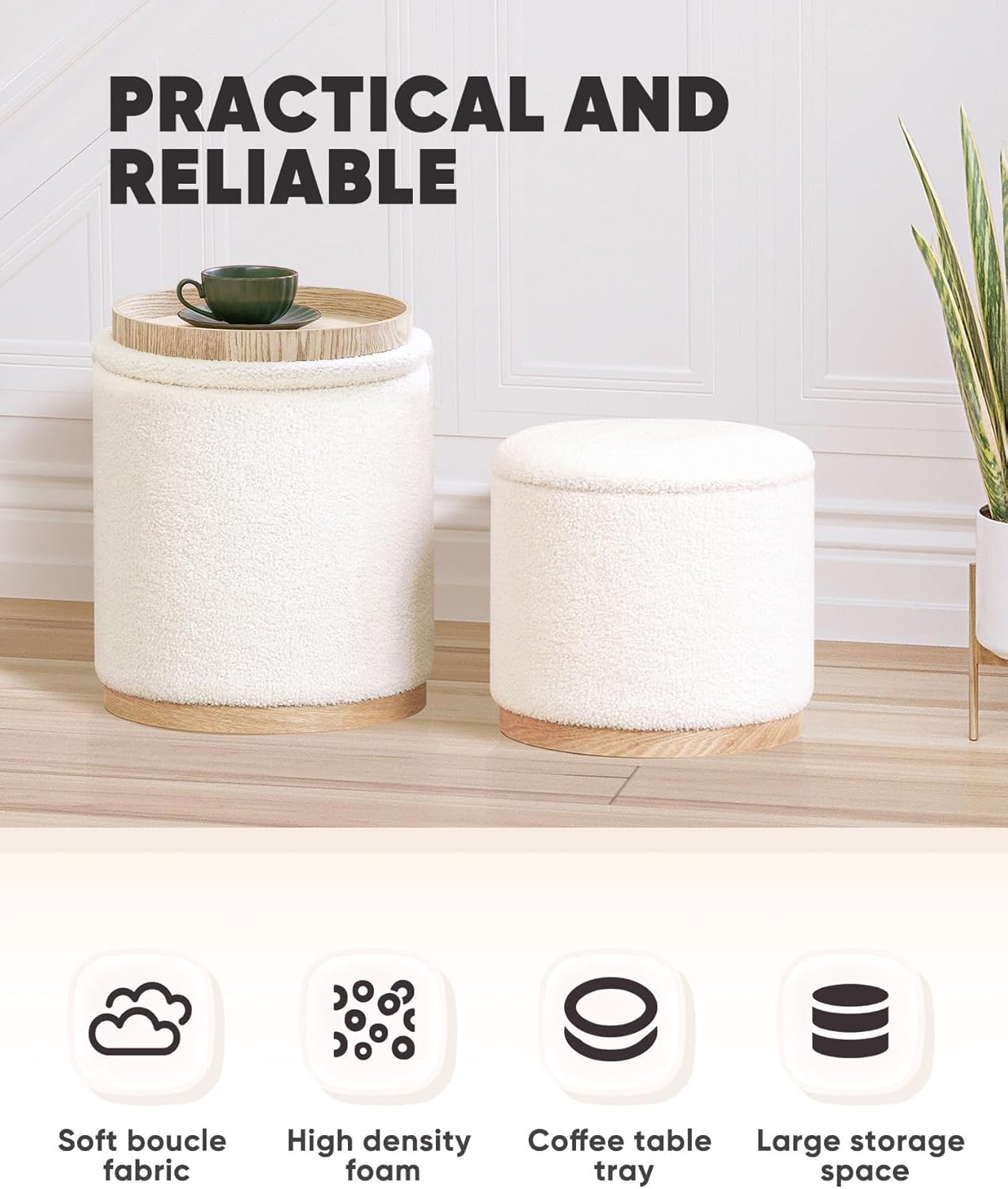 B FSOBEIIALEO Storage Ottoman Round Boucle Ottomans with Tray, Set of 2 Teddy Foot Rest Ottoman Cube with Storage for Living Room, Cream White 15"x15"x16.9"