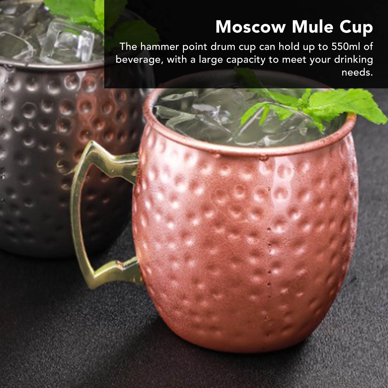 Moscow Mule Mugs, 500ml/19oz Handmade Hammered Copper Moscow Mule Mug Rose Gold Stainless Steel Cocktail Drink Mug for Cocktail