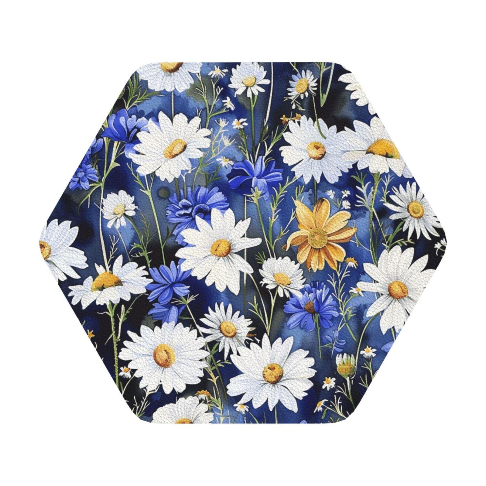 Wild Flowers and Cornflowers Daisies Print Leather Coaster Set of 6, Hexagon Coasters Table Decorative Coffee Cup Beverage Coasters Wine Beer Bar Coasters for Hot Drinks Table Protection