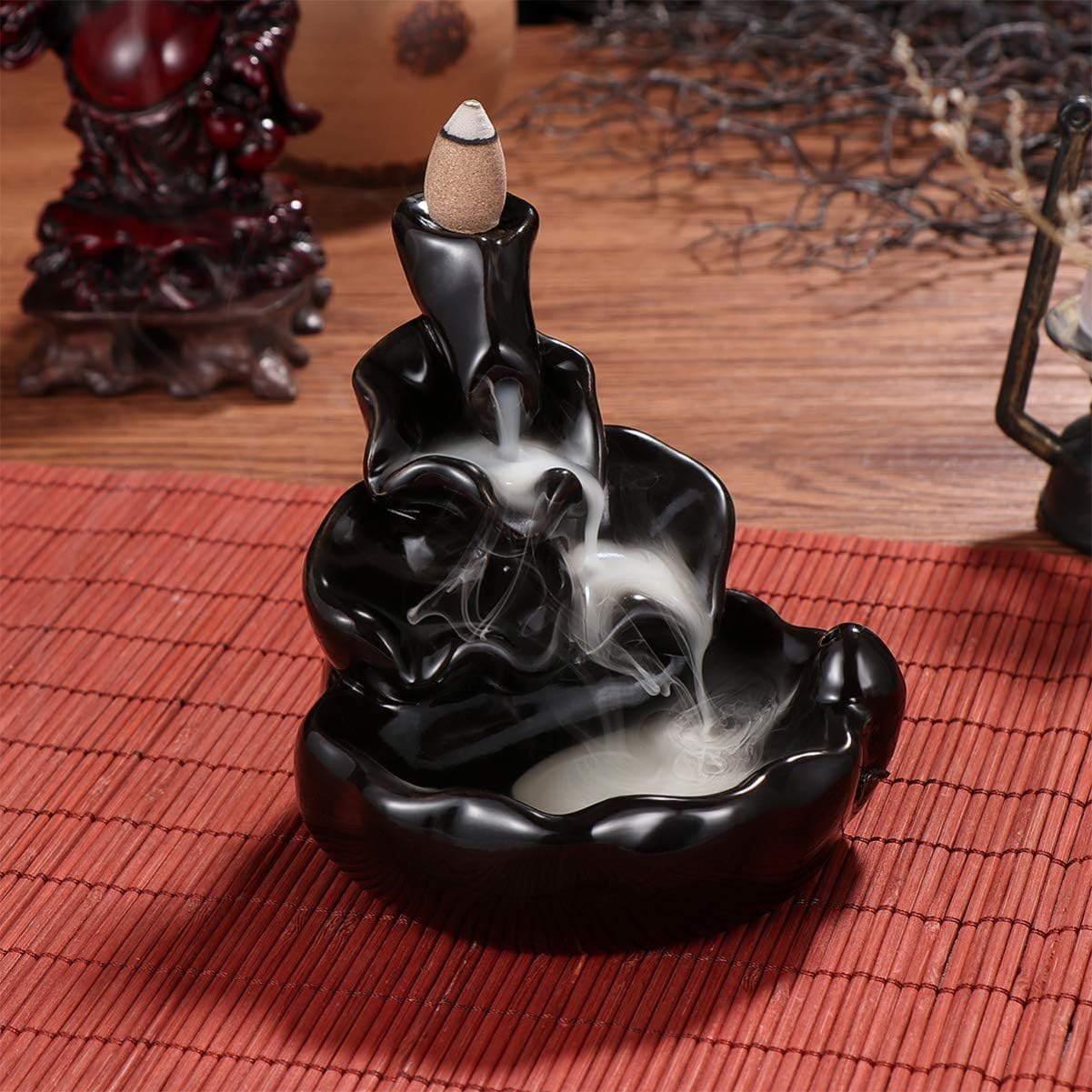 VORCOOL Ceramic Glaze Incense Smoke Cone Burner Backflow Censer Tower Holder (Black)