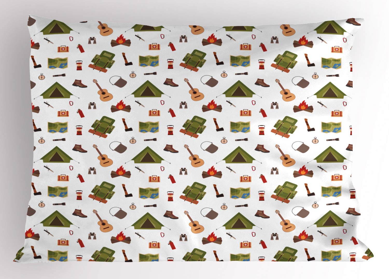 Ambesonne Camping Pillow Sham, Campfire Map Lantern Guitar and Compass Discovery in Woodland Boys Kids Cartoon, Decorative Standard Queen Size Printed Pillowcase, 30