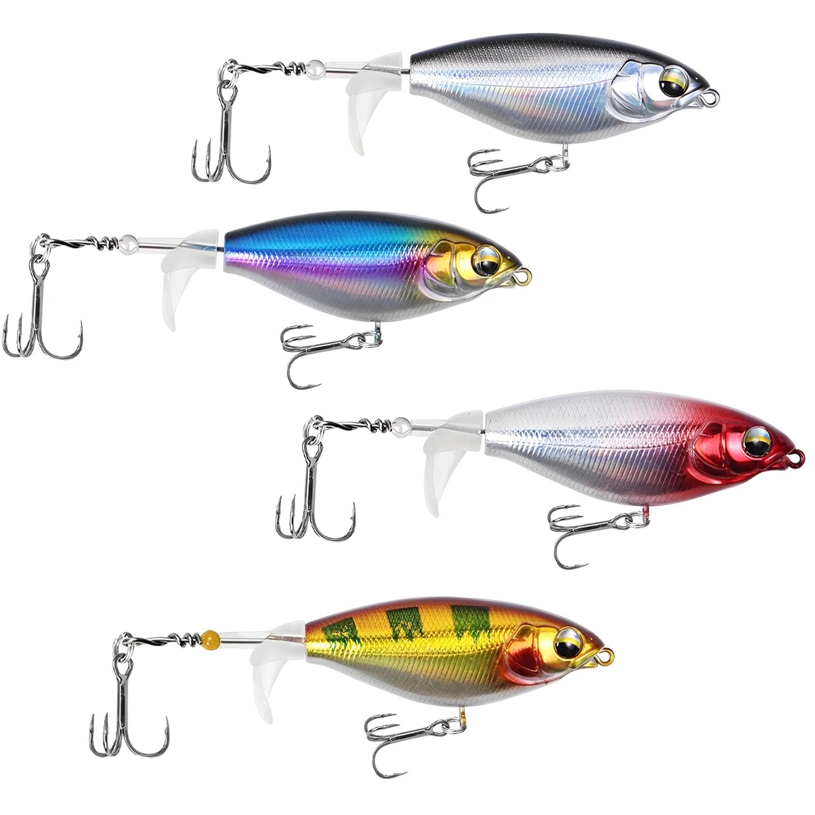 4 Pezzi Esche Artificiali Esche da Pesca Whopper Plopper Spigole esche Pesca Artificiali Spinning Mare con Coda a Spirale e Ami da Pesca Punte per Pesce Gatto Bass Pike (8 cm/10 g)