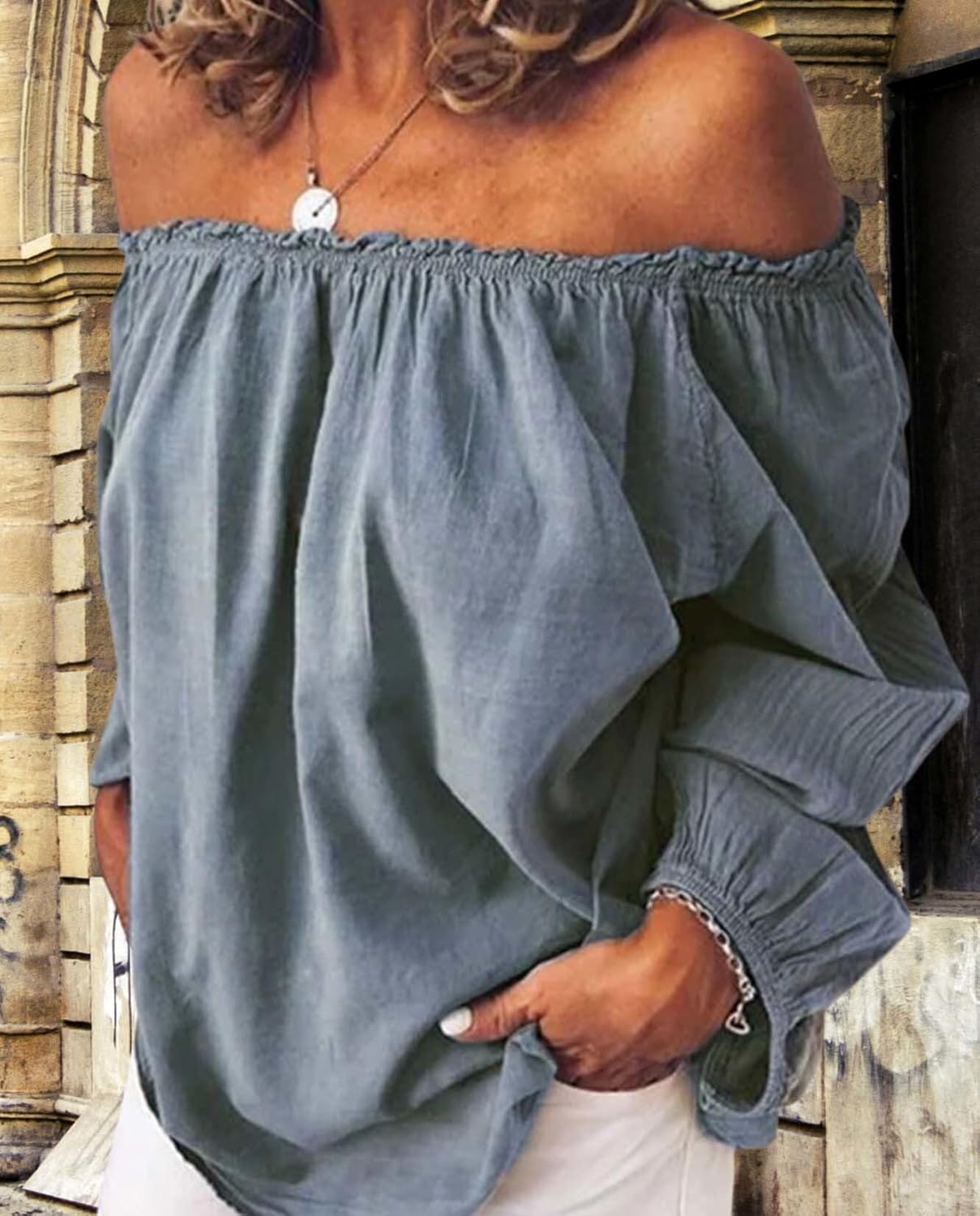 Womens Linen One Shoulder Top Stylish Cotton Long Sleeve Ruffle Balloon Sleeve Shirt for Casual Elegance - Image 2