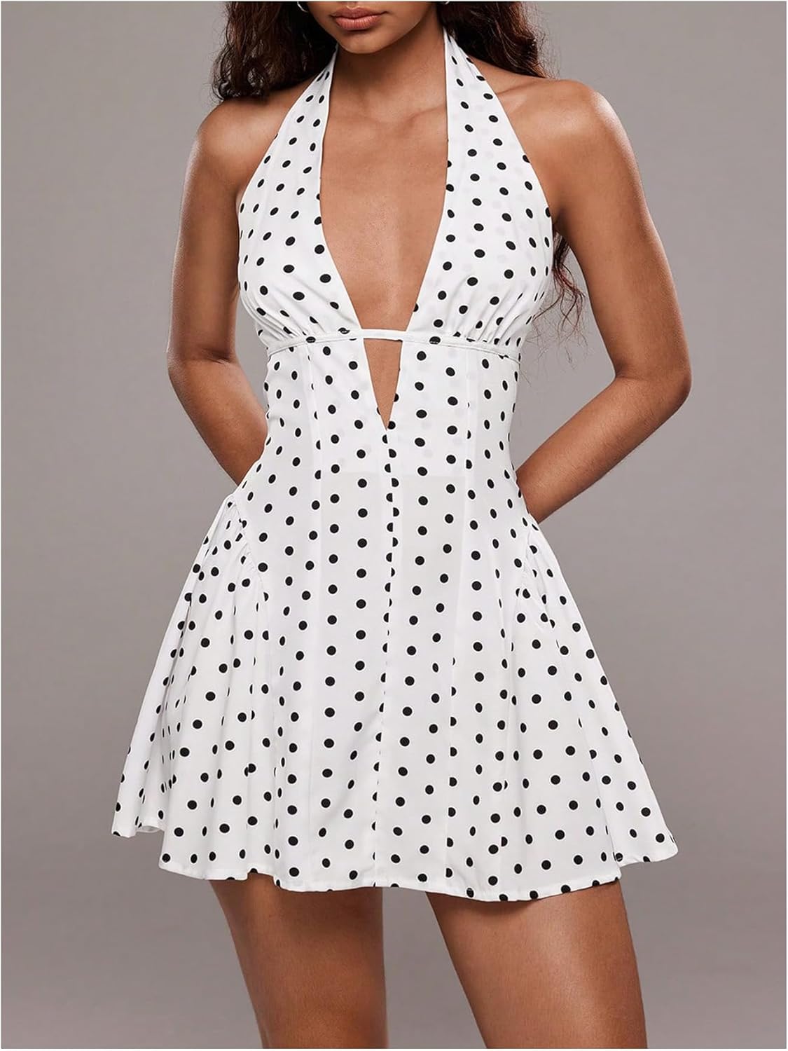 Floerns Women's Cute Vacation Vintage Polka Dots Deep V Neck Halter Dress Ruffle Backless Sleeveless A Line Mini Dresses - Image 4