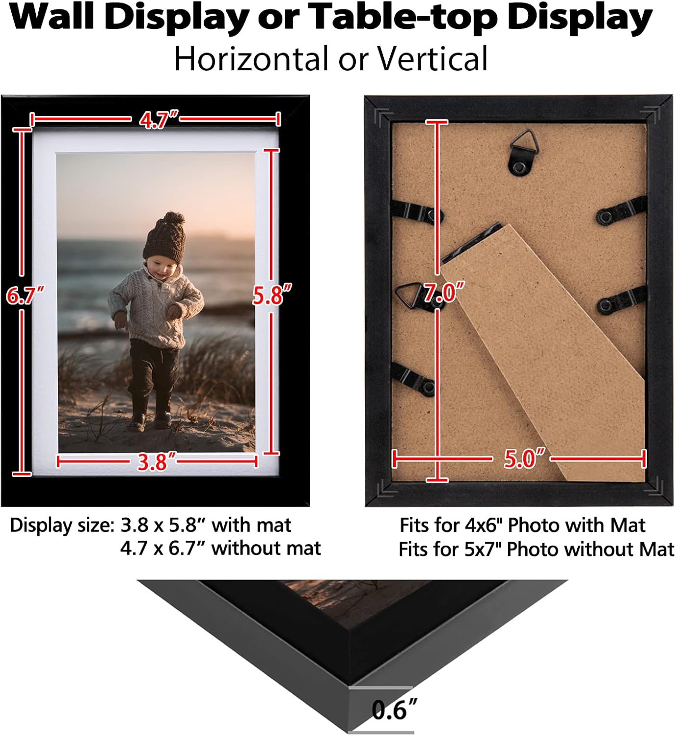 KINLINK 5x7 Picture Frame Black Set of 4, Wooden Photo Frames Matted 4x6 with Plexiglass for 4x6 with Mat or 5x7 without Mat for Table and Wall Display - Image 7