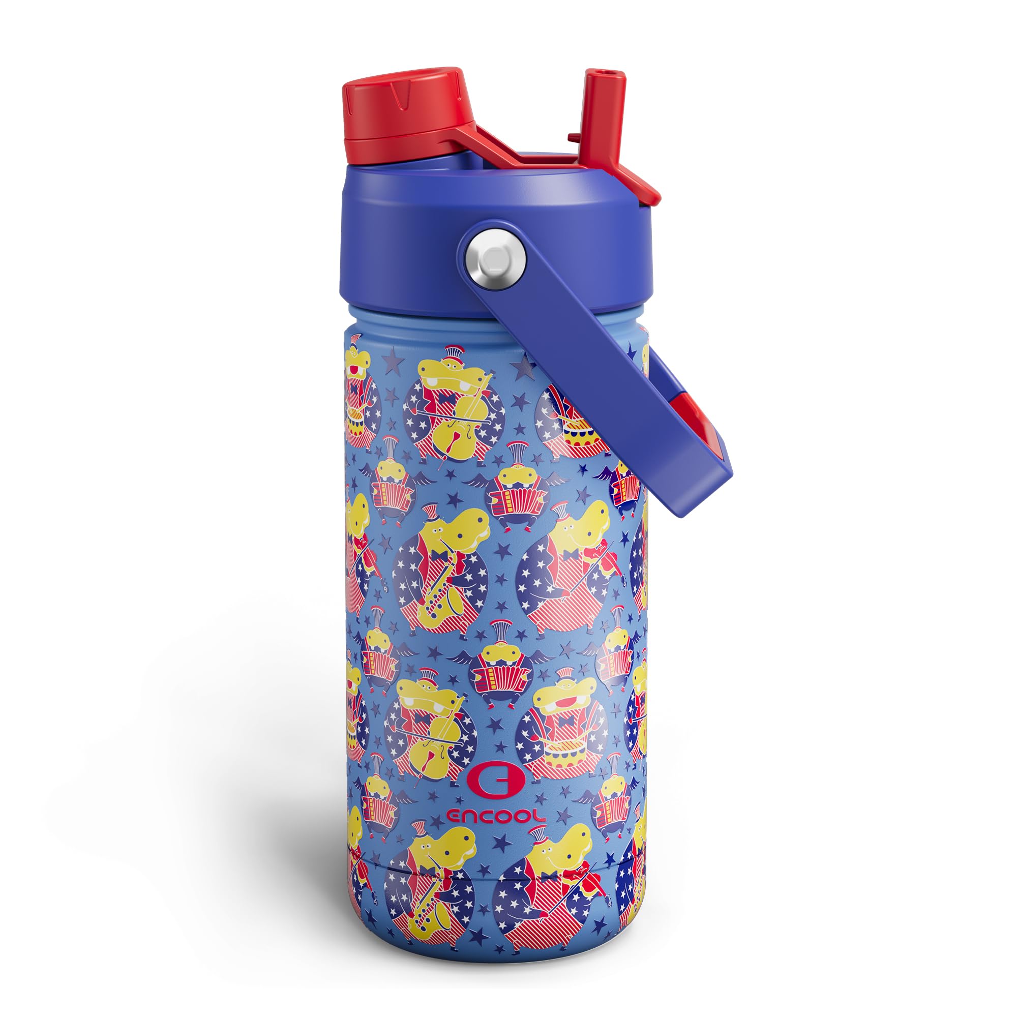Kids Insualated Water Bottle with Straw,18oz Stainless Steel Water Bottle with Dual Spouts, Leak-Proof,BPA-Free,Double Wall Vacuum Keeps Cold for 24 Hours for Sports,Travel,School (Blue Hippo Parade)