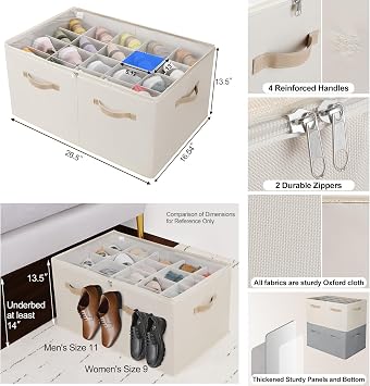TOPIA HOME Shoe Organizer for Closet, Foldable Shoe Box with Adjustable Dividers and Clear Cover, Space Saving Shoe Storage Organizer Cabinet with Reinforced Handles, Fits 20 Pairs, Beige TP10Y