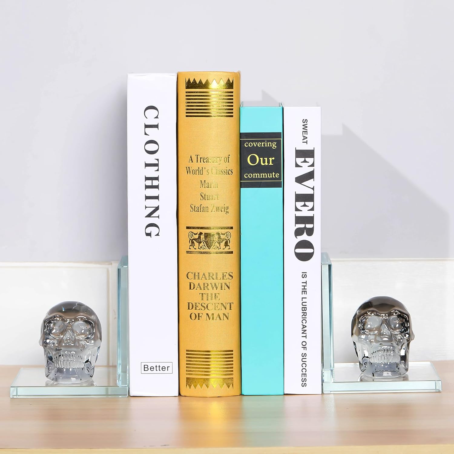 1 Pair Glass Book Ends with Black Crystal Skull L Shape Non-Skid Decorative Bookends Bookshelf Apartment for Normal Bookshelves Living Room Office Home Decor
