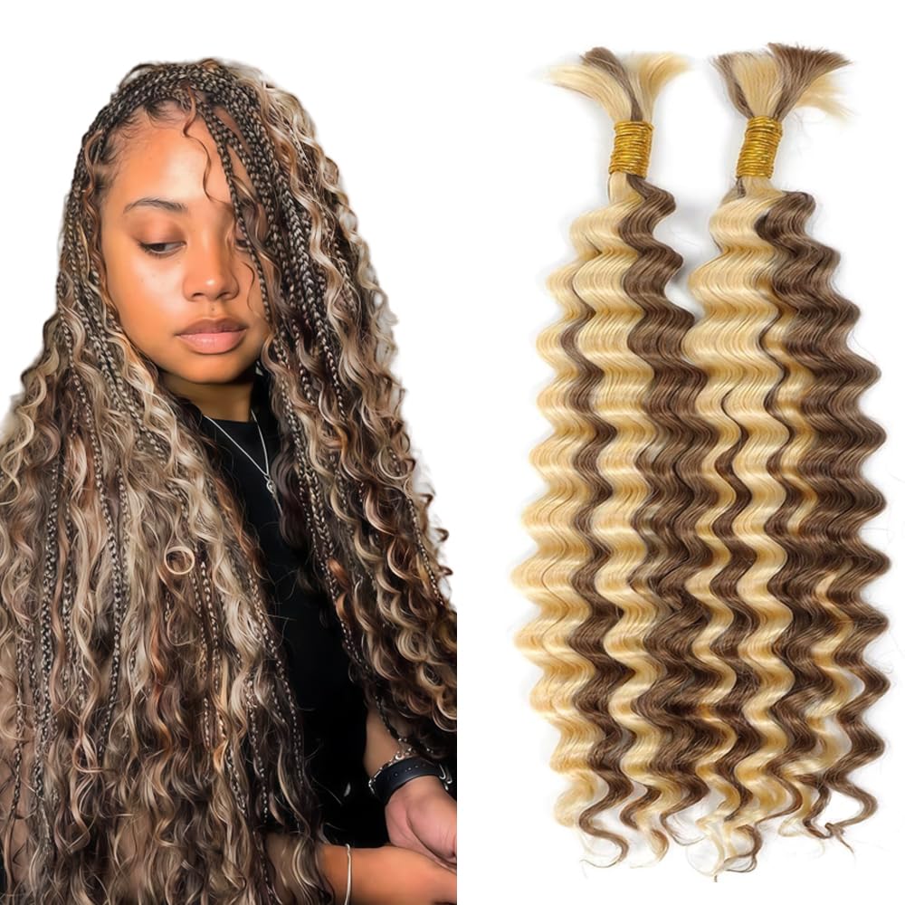 Evaxilc Human Braids Hair Deep Wave P4/613 Two Tone Brown Mixed Blonde Unprocessed Natural Color No Weft Human Hair Extensions For Boho Braids 50g/bundle Total 100g 12 12 Inch