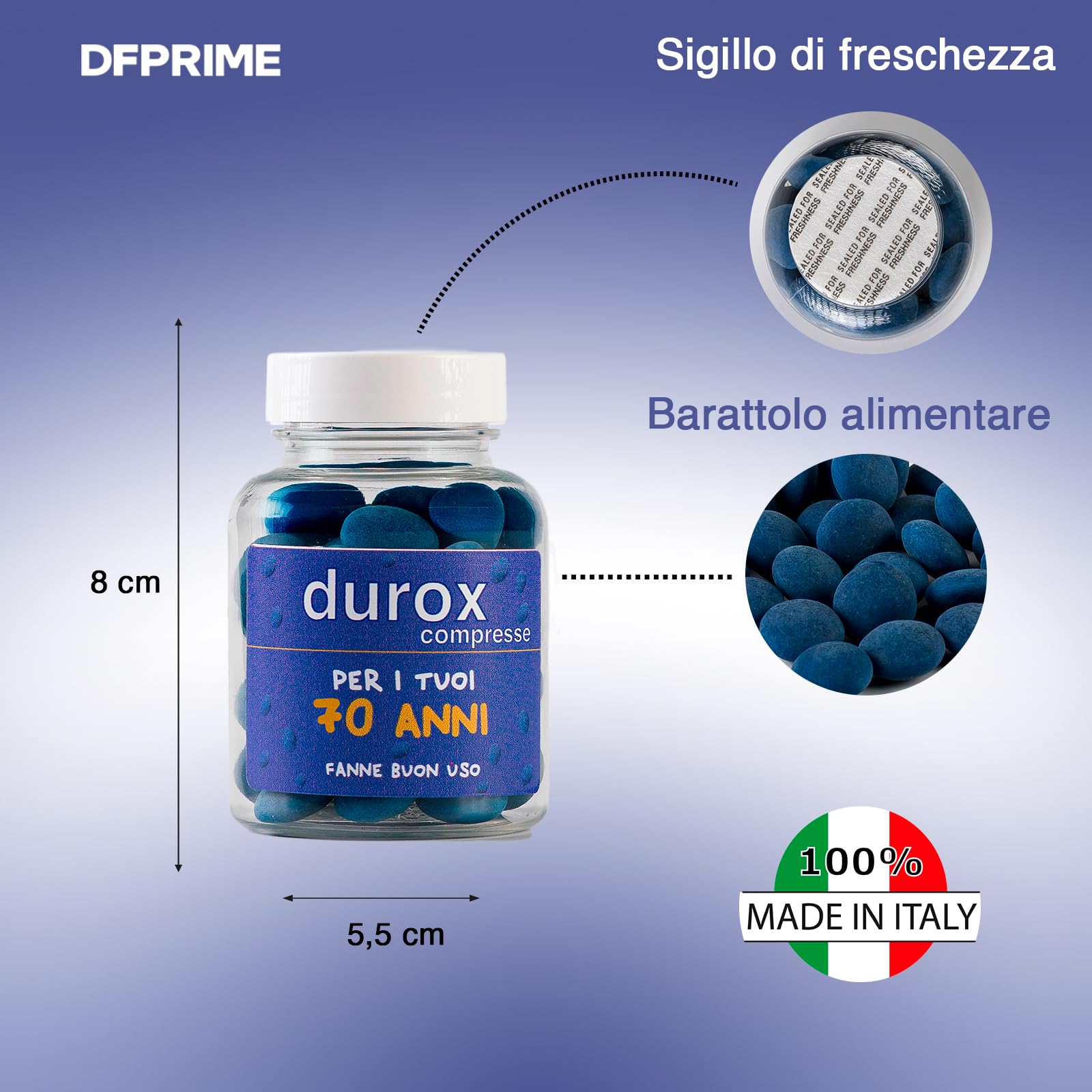 DUROX Compresse Blu 70 Anni – Scherzo Wiagras Goliardico per Uomo – Idea Regalo Divertente Compleanno 70 anni – Confetti Blu al Cioccolato – FANNE BUON USO