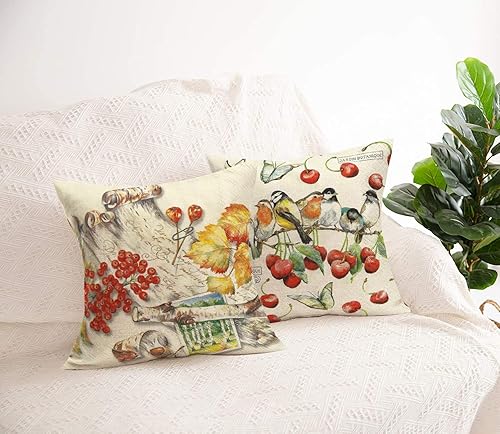 Miniatura 4 de Juego de 2 fundas de almohada decorativas de estilo rústico con diseño de pájaro de animales y muérdago, para otoño, exteriores, mariposas,