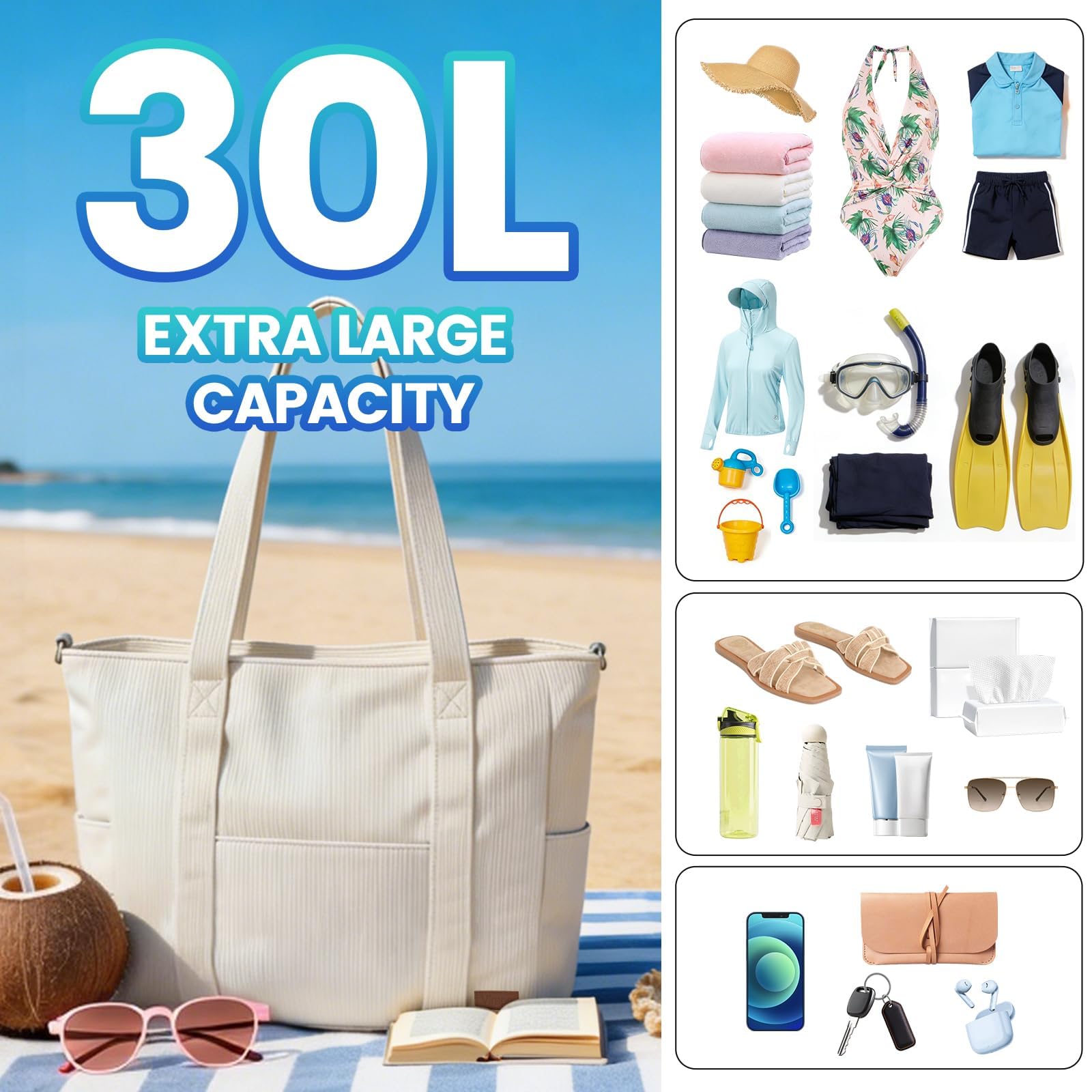 Sac de Plage XXL Famille, Imperméable avec Fermeture Éclair, Sac Multifonction Pliable Multi-Poches pour Été, Piscine et Voyage