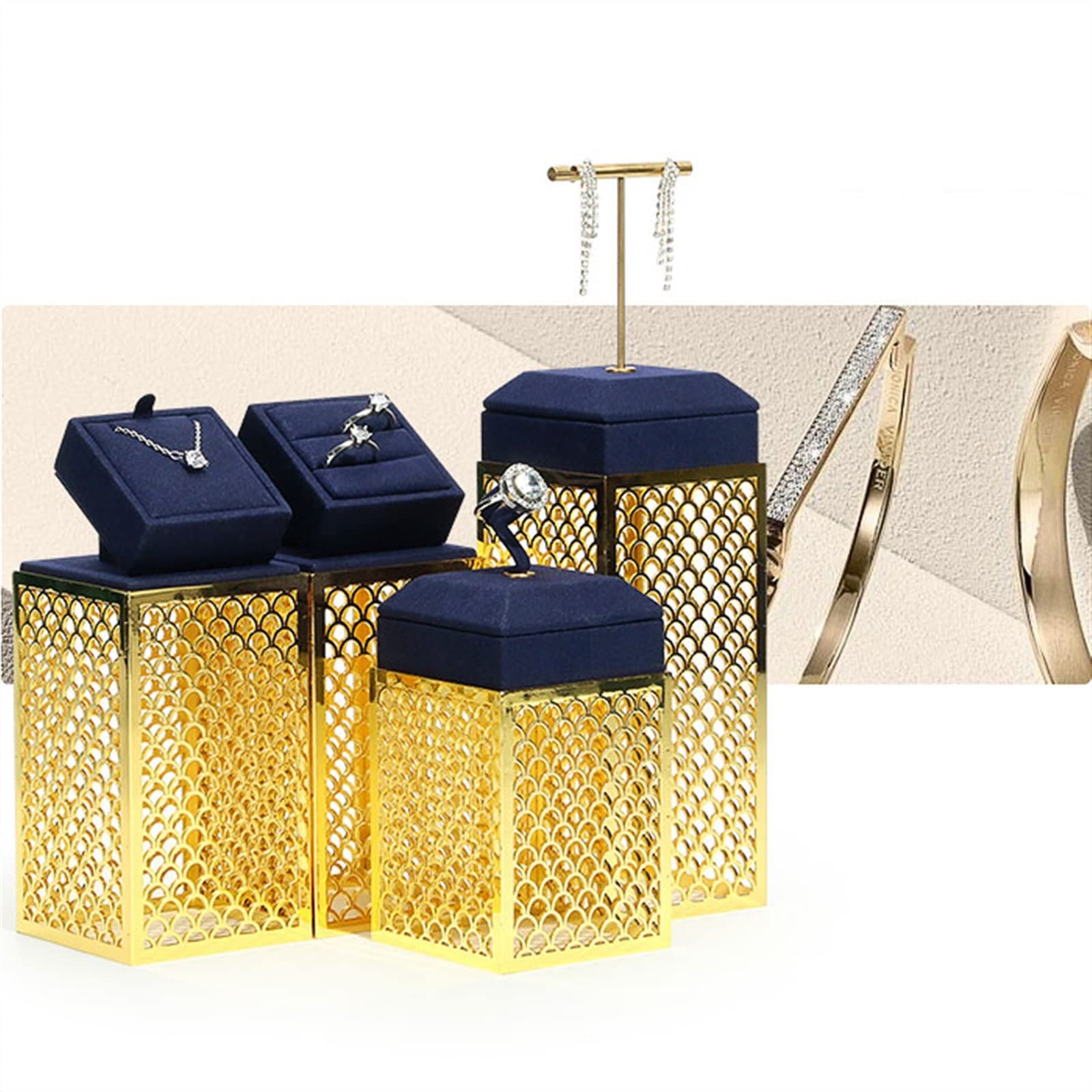 LNNSHX Schmuck-Organizer-Ständer, blau, Schmuck-Ring-Ständer, Halter, Display, Schmuck-Organizer, Halskette, Schmuck, Büste, Anhänger, Ohrring, Armband, Halter für Frauen und Mädchen, goldene Basis,