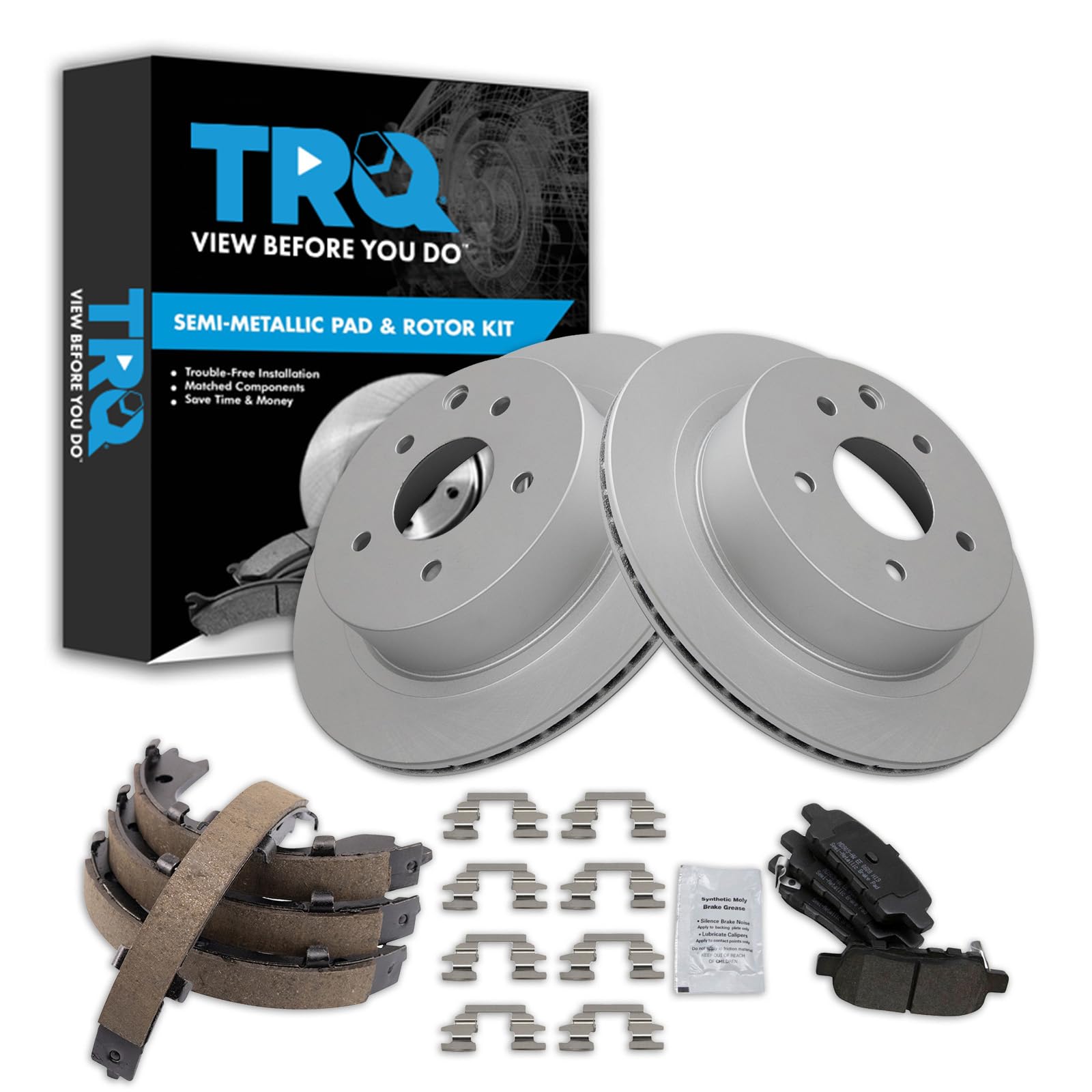 TRQ Rear Brake Pad and Rotor Set Semi Metallic G Coated Rotors Parking Shoe Compatible with 2003-2005 Infiniti G35 350Z