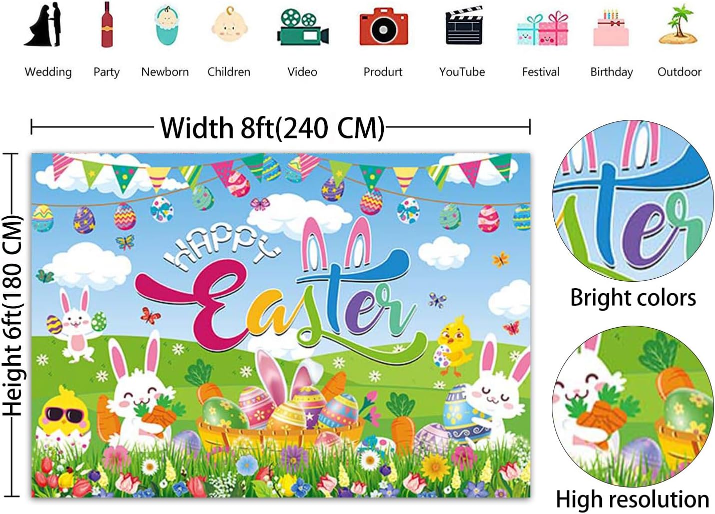 Happy Easter Backdrop Banner Spring Rabbit Eggs Photo Background Easter Colorful Eggs Bunny Kids Birthday Party Decoration Banner Photo Supplies (94x70inch(8x6FT))